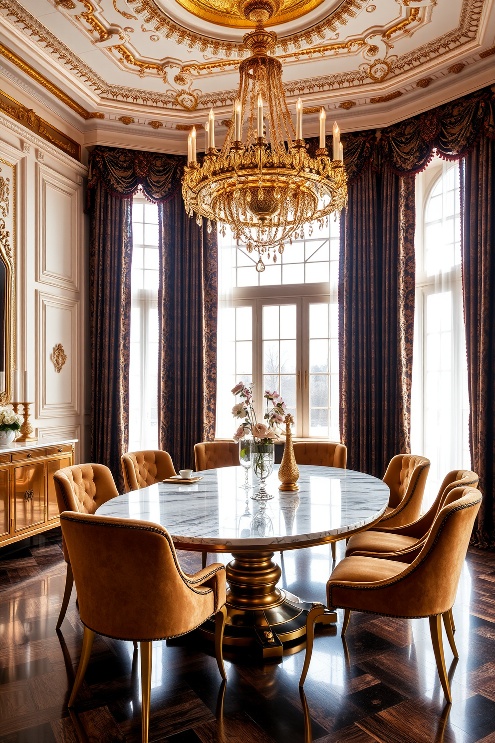 A luxurious European dining room featuring elegant gold and marble accents. The table is a stunning marble top with gold legs, surrounded by plush upholstered chairs in a rich velvet fabric. The walls are adorned with intricate moldings painted in a soft cream color, enhancing the opulence of the space. A grand chandelier with gold detailing hangs above the table, casting a warm glow over the room. Richly patterned curtains frame large windows, allowing natural light to filter through while adding a touch of sophistication. A sideboard with a glossy finish displays decorative items and fine china, completing the elegant dining experience.