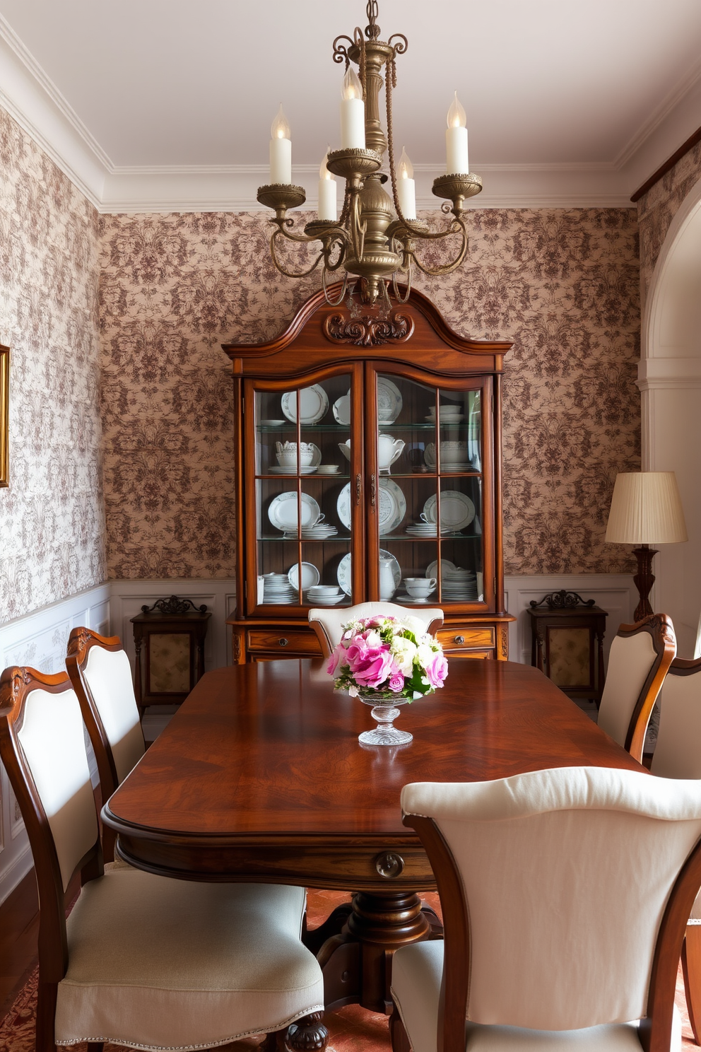 A vintage European dining room features a beautifully crafted wooden dining table set against a backdrop of intricate wallpaper with floral patterns. Elegant china is displayed in a glass-fronted cabinet, showcasing delicate pieces that reflect the rich history of European craftsmanship. The room is adorned with a classic chandelier that casts a warm glow, enhancing the inviting atmosphere. Plush upholstered chairs surround the table, inviting guests to enjoy a meal in this charming setting.