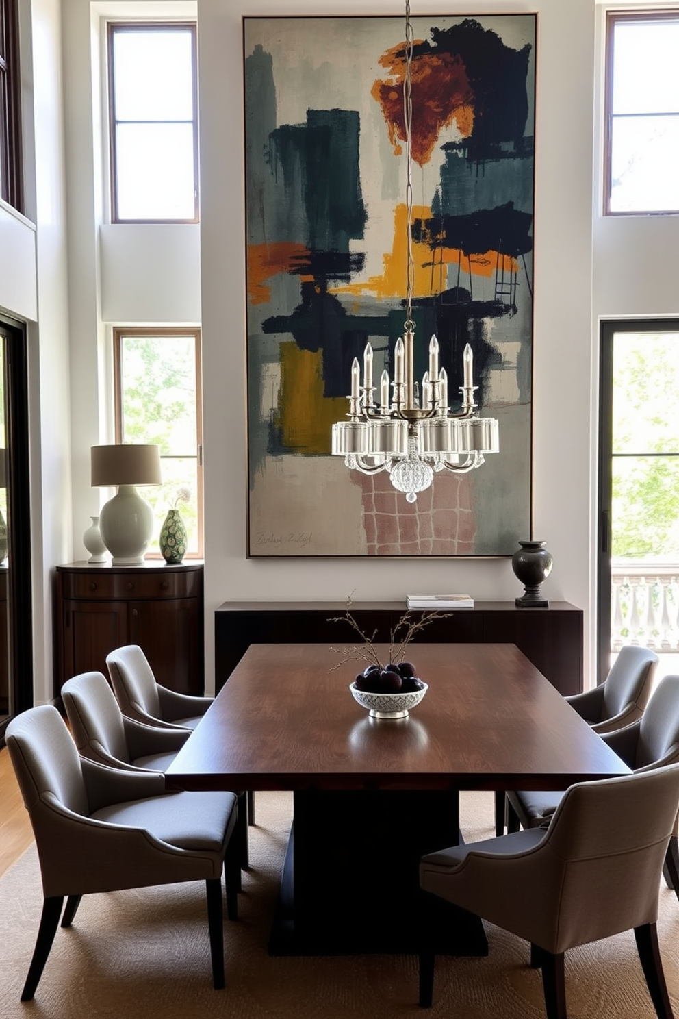 A European dining room featuring contemporary art pieces as focal points. The room is adorned with a large abstract painting above a sleek wooden dining table surrounded by upholstered chairs. Natural light floods in through large windows, highlighting the elegant chandelier hanging above the table. The walls are painted in a soft neutral tone, complementing the vibrant colors of the artwork.