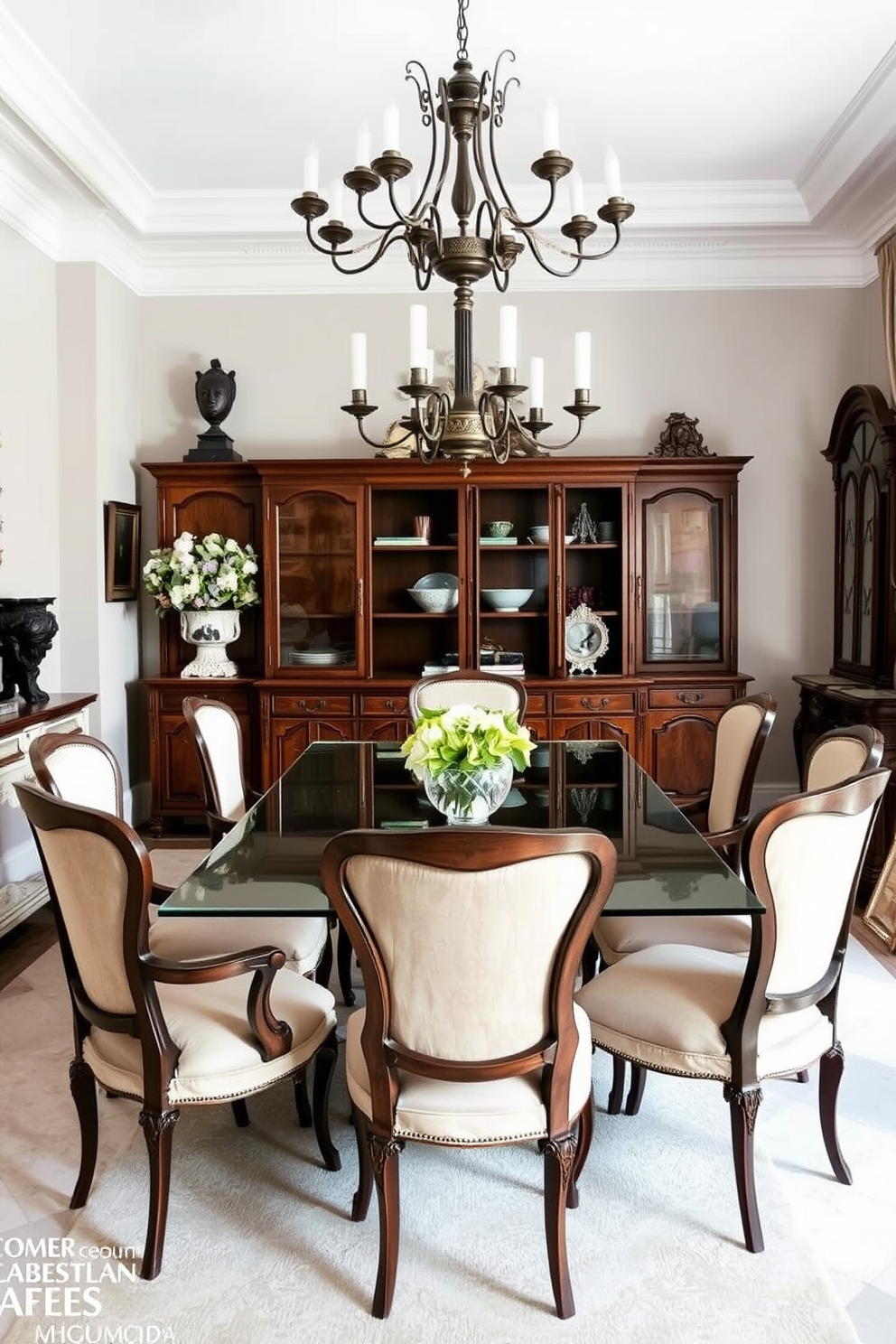 A stylish European dining room featuring a blend of modern and antique furniture. A sleek glass dining table is surrounded by elegant upholstered chairs with intricate wood detailing. Antique sideboards and a vintage chandelier add character to the space. Soft, neutral tones on the walls complement the rich textures of the furniture, creating a warm and inviting atmosphere.