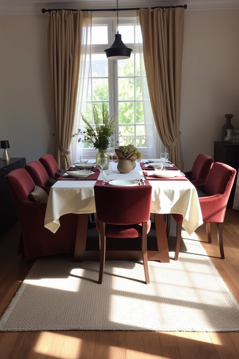 A cozy European dining room featuring layered textiles for added comfort. The table is set with a soft linen tablecloth and plush velvet placemats, complemented by upholstered chairs in rich, warm tones. Natural light filters through sheer curtains, enhancing the inviting atmosphere. A woven rug anchors the space, adding texture and warmth to the wooden floor.