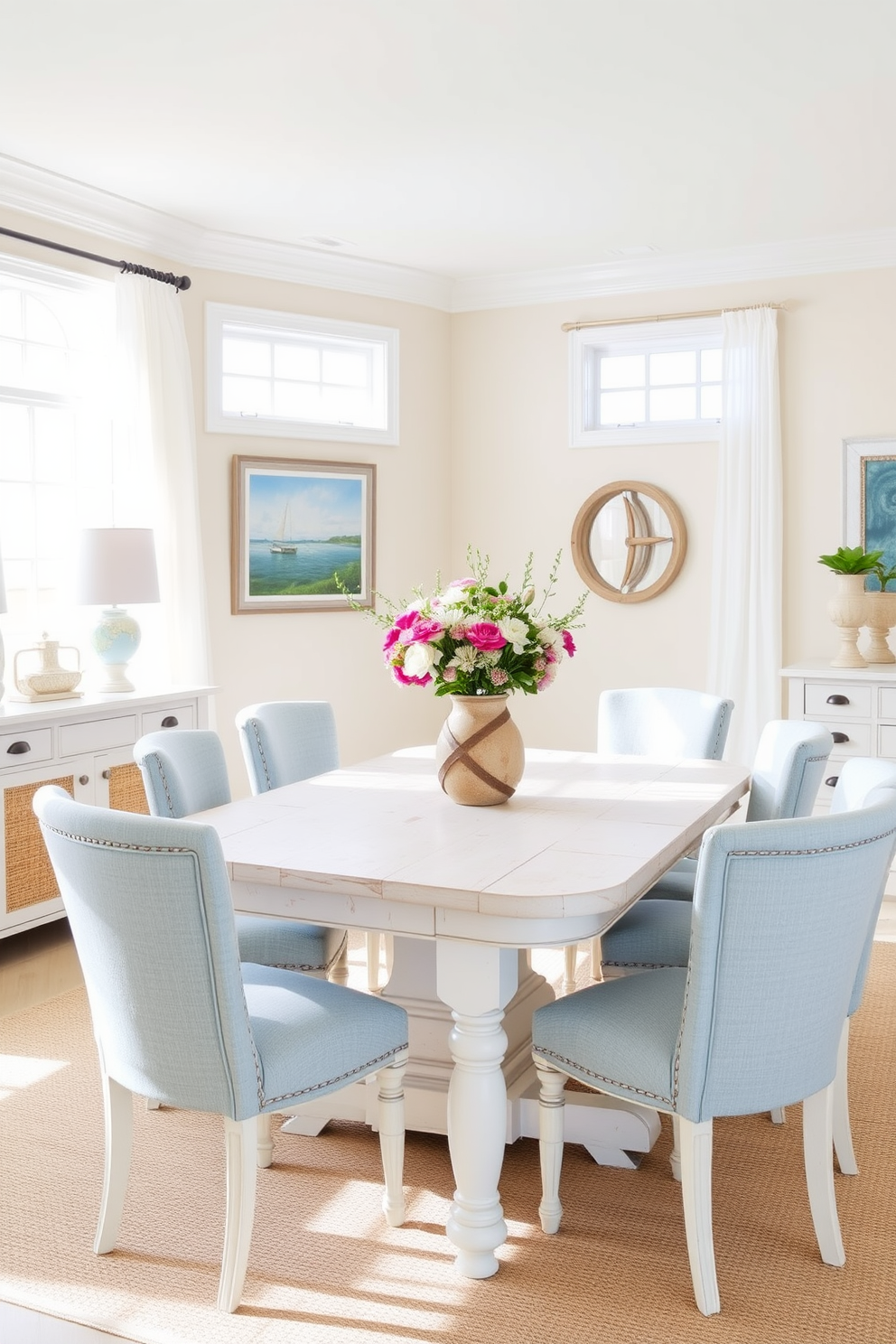 A bright and airy coastal dining room features a large whitewashed wooden table surrounded by light blue upholstered chairs. Soft natural light floods the space through large windows adorned with sheer white curtains, creating a relaxed and inviting atmosphere. The walls are painted in a soft sandy beige, complemented by nautical-themed artwork and decorative elements. A centerpiece of fresh flowers in a rustic vase sits on the table, adding a touch of color and vibrancy to the room.