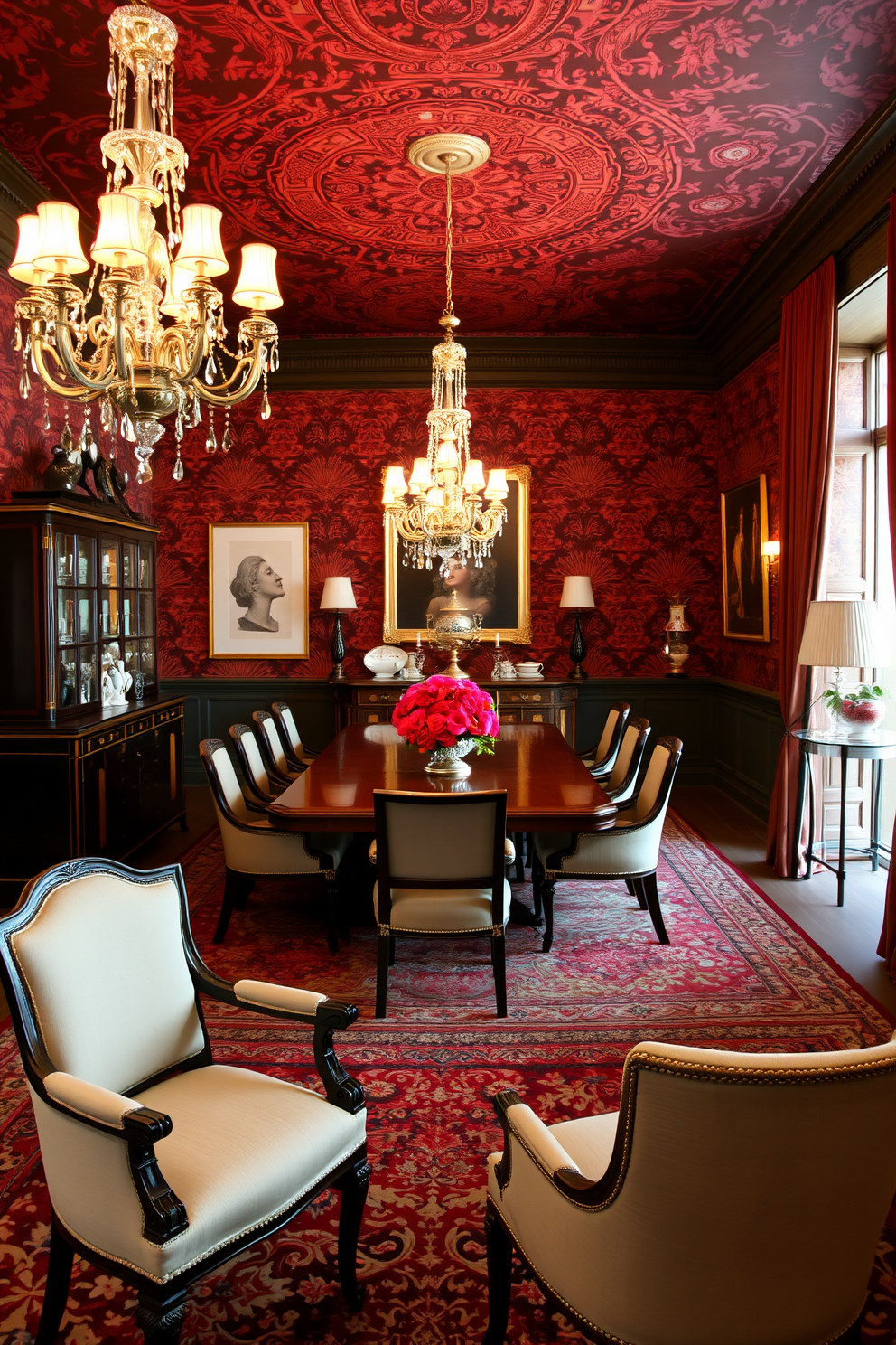 A European dining room with bold wallpaper that creates a dramatic focal point. The room features a large wooden dining table surrounded by upholstered chairs, complemented by elegant chandeliers hanging from the ceiling. Rich colors and intricate patterns in the wallpaper add depth to the space. A sideboard displays fine china and decorative items, enhancing the overall sophistication of the design.