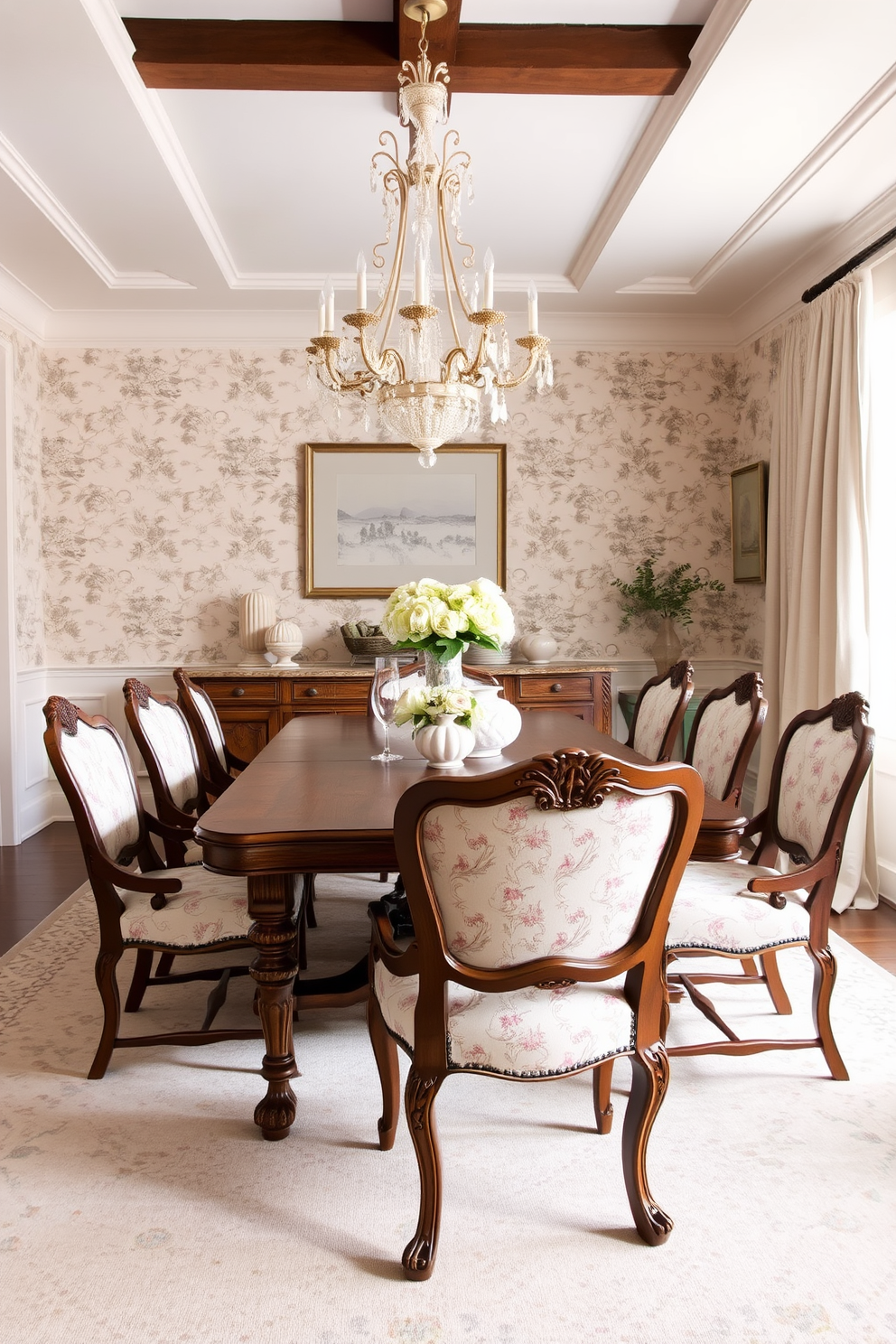 A classic French country style dining room features a large wooden table with ornate carvings surrounded by upholstered chairs in soft floral fabric. The walls are adorned with vintage wallpaper in pastel tones, and a stunning chandelier hangs from the ceiling, casting a warm glow over the space. A rustic sideboard made of reclaimed wood displays elegant dinnerware and decorative items. Soft drapes in a light linen fabric frame the windows, allowing natural light to filter in and enhance the inviting atmosphere.