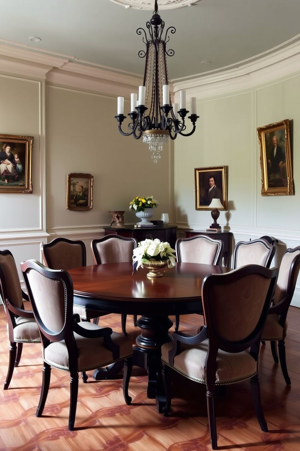 A traditional round table takes center stage in a European dining room, surrounded by elegant upholstered chairs that invite conversation and comfort. The room features soft pastel walls adorned with classic artwork, while a stunning chandelier hangs above, casting a warm glow over the gathering space.