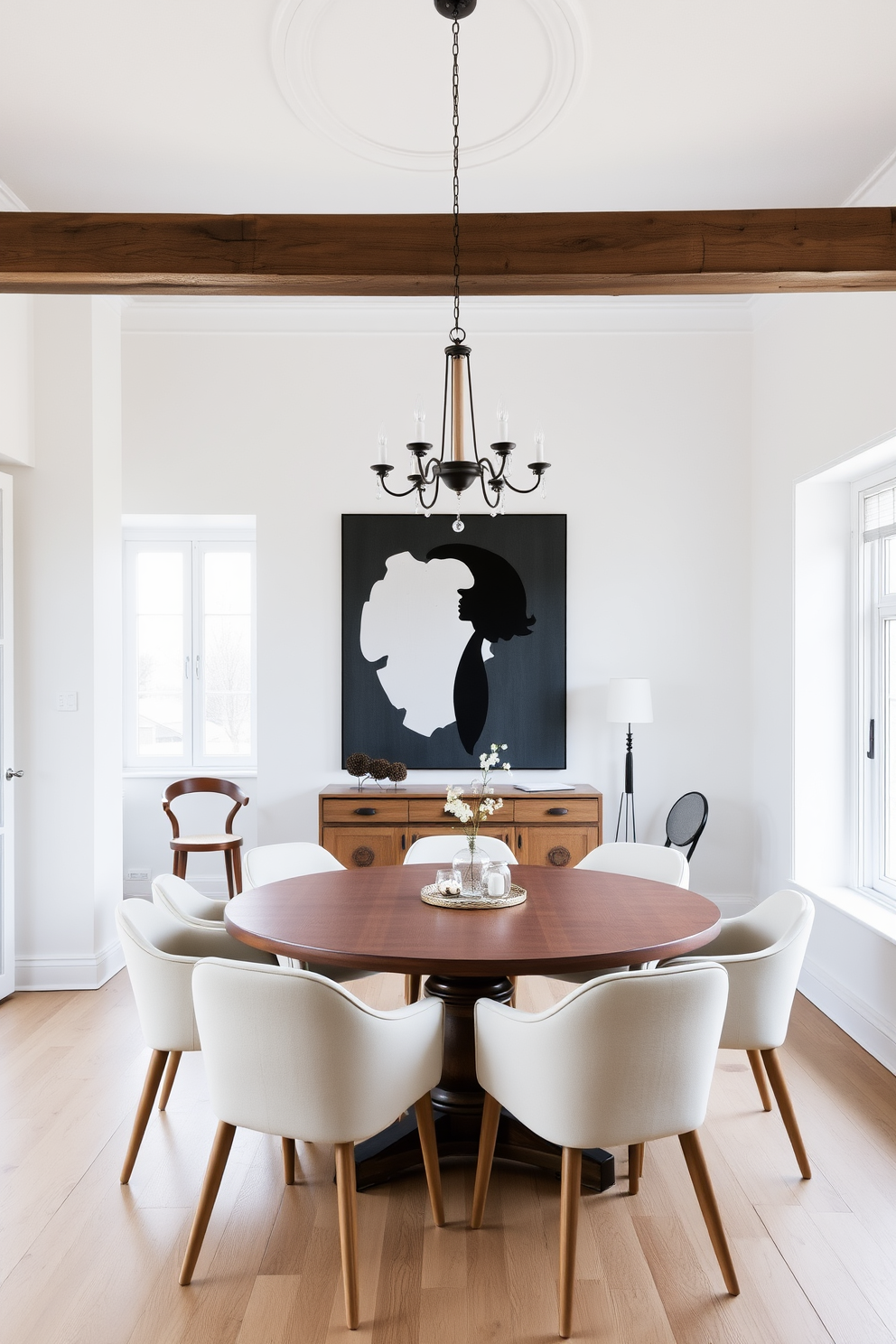 A minimalist Scandinavian dining room features a sleek wooden table surrounded by simple yet elegant chairs with light upholstery. The walls are painted in soft white, and large windows allow natural light to flood the space, highlighting the clean lines and uncluttered aesthetic. In this European dining room design, a round table is complemented by a mix of vintage and modern chairs, creating an inviting atmosphere. A statement chandelier hangs above the table, while a large artwork adorns the wall, bringing a touch of sophistication to the space.