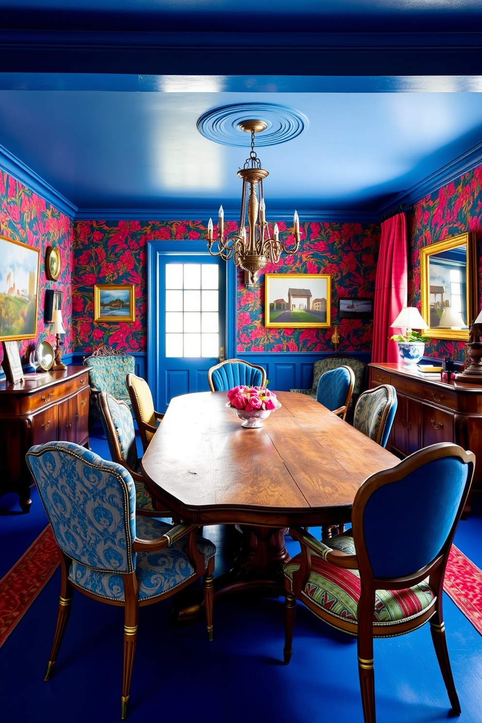 A vibrant dining room filled with bold colors such as deep blues and rich reds. The space features a large wooden dining table surrounded by mismatched vintage chairs, each with unique upholstery patterns. The walls are adorned with eclectic artwork and a bold floral wallpaper that adds character. A vintage chandelier hangs above the table, casting a warm glow over the room, while a sideboard showcases antique dishware and decorative pieces.