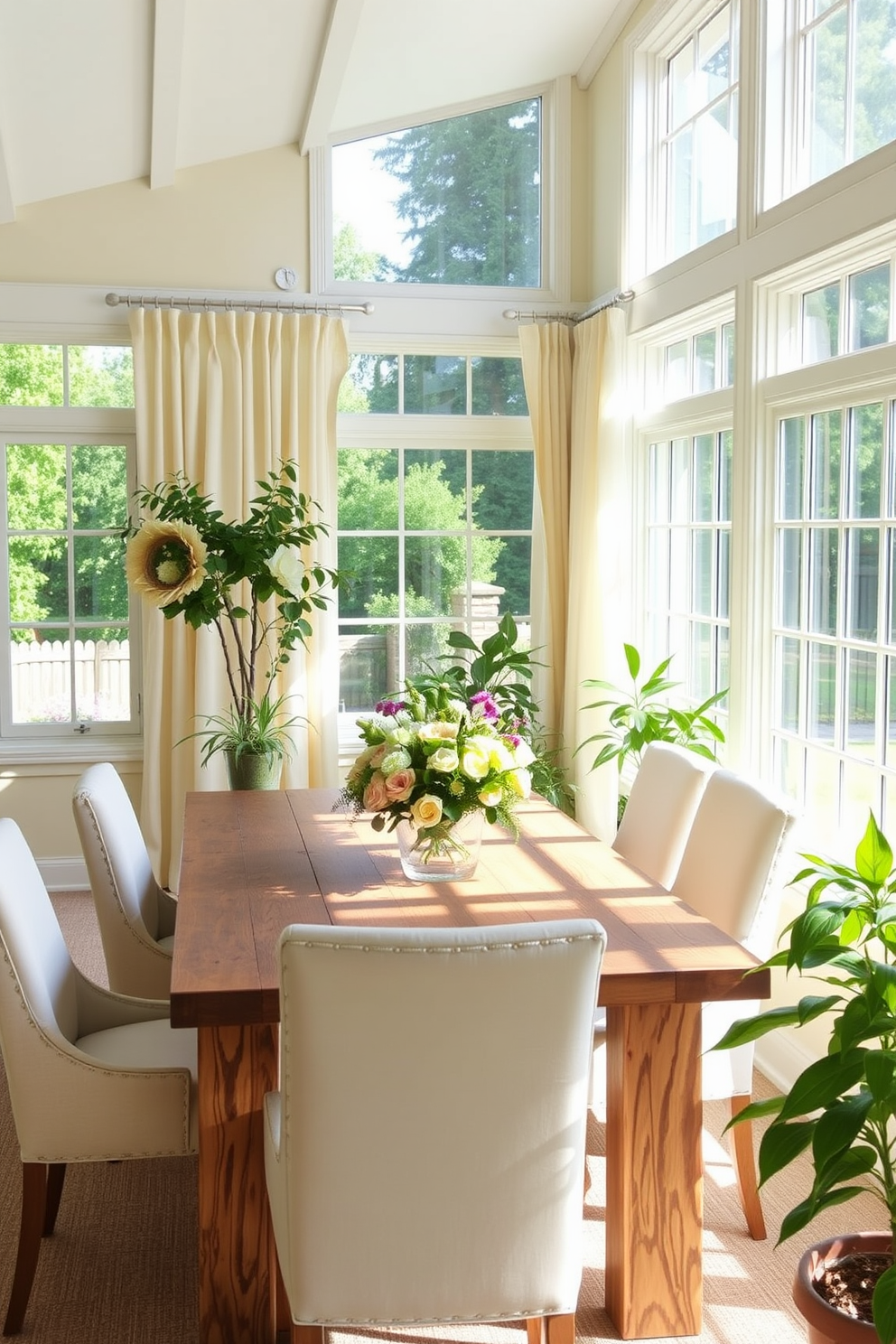 A light-filled sunroom dining area features large windows that allow natural light to flood the space. The dining table is made of reclaimed wood, surrounded by upholstered chairs in soft pastel colors. The walls are adorned with light, airy curtains that flutter gently in the breeze. A centerpiece of fresh flowers adds a touch of elegance to the table, while potted plants bring life to the corners of the room.