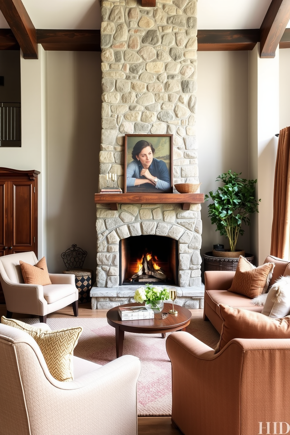 Cozy fireplace with plush seating in a European family room. A large stone fireplace serves as the focal point, surrounded by comfortable armchairs and a soft sectional sofa, all adorned with warm, textured fabrics.