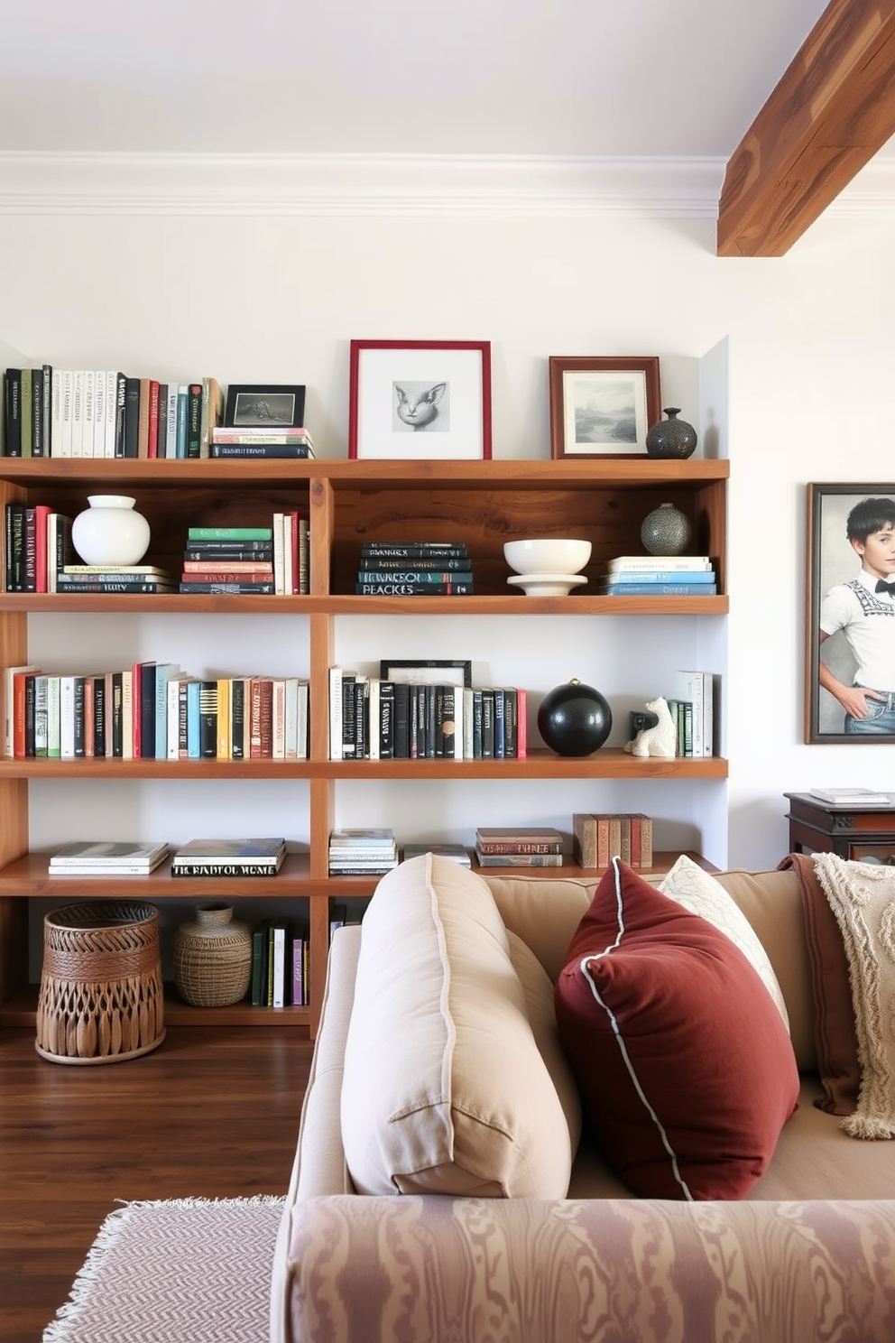 A cozy European family room features open shelving that displays a curated collection of books and decorative items. The shelves are crafted from reclaimed wood, adding warmth and character to the space, while a plush sectional sofa invites relaxation.