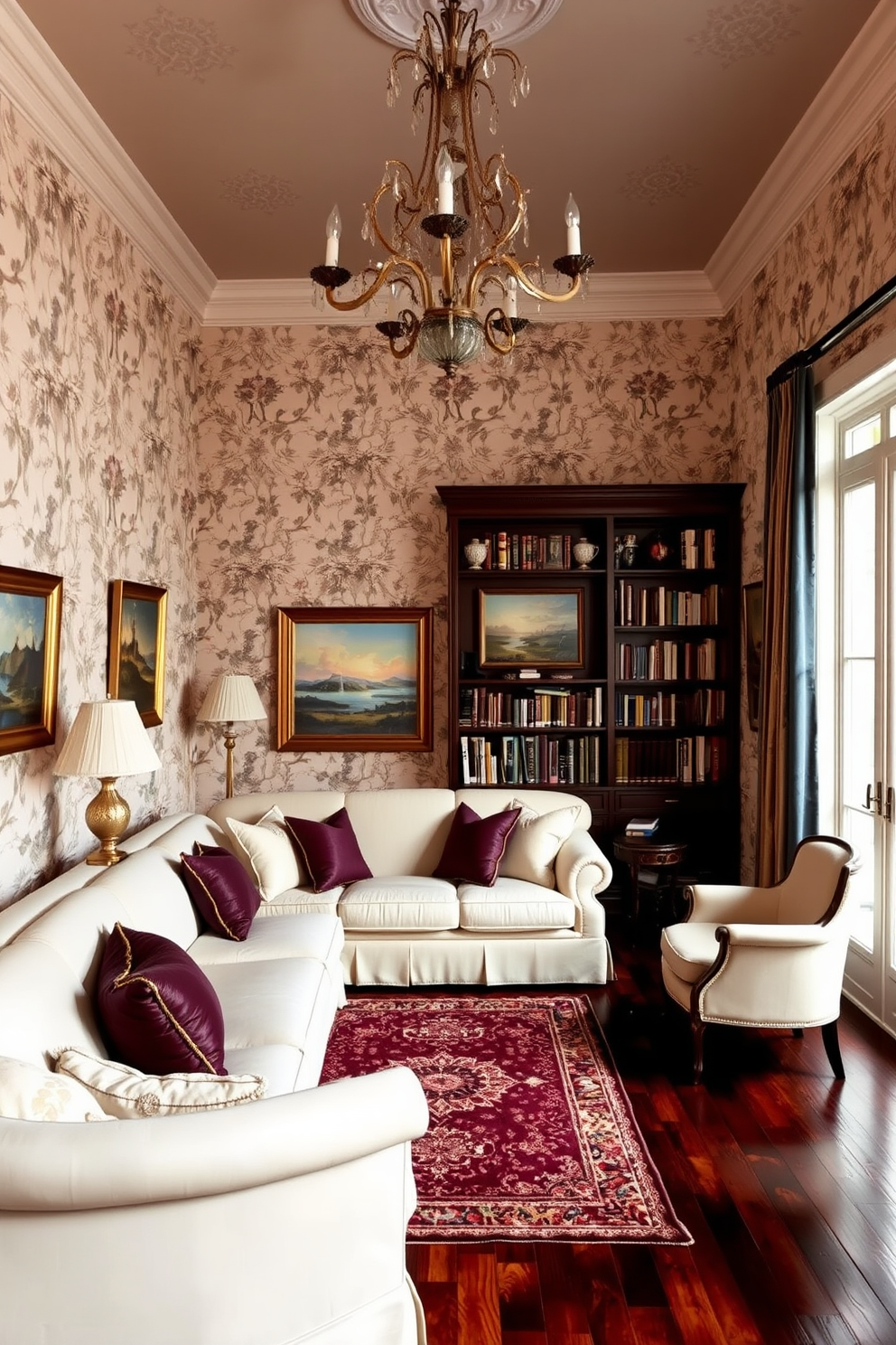 Classic European wallpaper with floral patterns adorns the walls, creating an elegant backdrop. The room features a plush sofa in soft cream upholstery, complemented by antique wooden side tables. A large ornate chandelier hangs from the ceiling, casting a warm glow over the space. Decorative pillows in rich hues of burgundy and gold add a touch of luxury to the seating area. The flooring is finished with dark hardwood, providing a striking contrast to the light walls. A vintage rug with intricate designs anchors the seating arrangement, enhancing the room's classic charm. Framed artwork depicting serene landscapes adorns the walls, adding character and sophistication. A cozy reading nook is created by a tall window, featuring a comfortable armchair and a small bookshelf filled with family favorites.