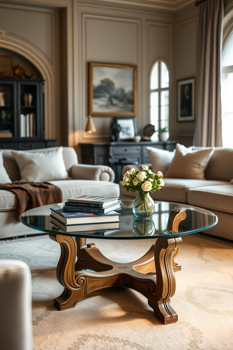 A stylish coffee table with a unique design sits at the center of a cozy European family room. The table features a glass top supported by intricately carved wooden legs, surrounded by plush sofas in soft, neutral tones. Warm, ambient lighting casts a gentle glow over the space, enhancing the inviting atmosphere. Decorative elements such as art books and a small vase of fresh flowers adorn the table, adding a touch of elegance.