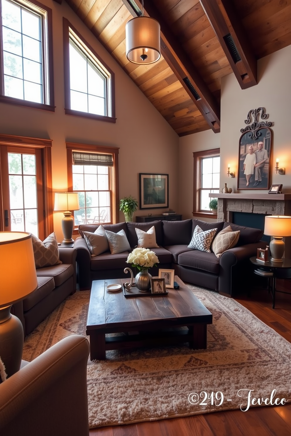 A cozy family room filled with warm lighting from stylish table and floor lamps. The space features a large sectional sofa adorned with plush cushions and a soft area rug underfoot. Rich wooden beams accentuate the ceiling, while large windows allow natural light to filter in. A coffee table made of reclaimed wood sits at the center, surrounded by elegant decor and family photographs.