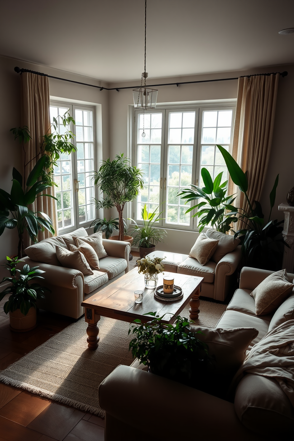 A cozy European family room filled with natural light. Plush sofas in soft neutral tones are arranged around a rustic wooden coffee table, creating an inviting atmosphere. Lush indoor plants are strategically placed throughout the room, adding a touch of greenery and freshness. A large floor-to-ceiling window offers a view of the outdoors, enhancing the room's connection to nature.