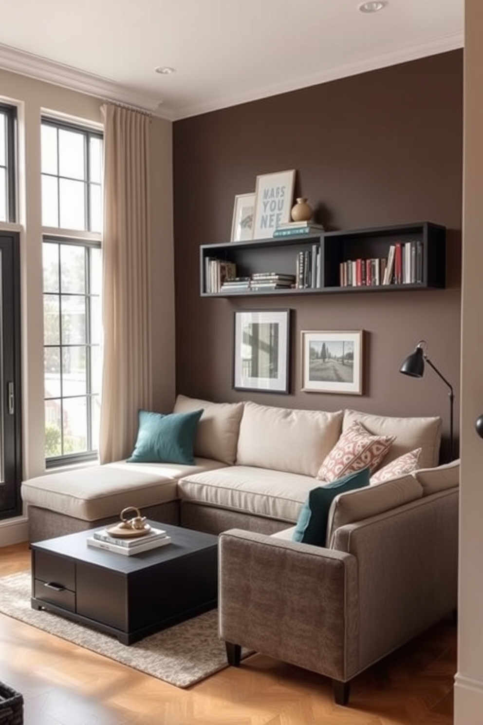 A cozy family room designed for small spaces features a stylish sofa that converts into a bed, maximizing functionality without sacrificing comfort. The room is accented with a sleek coffee table that doubles as storage, and a wall-mounted shelf holds books and decorative items, keeping the area organized and inviting. The color palette includes soft neutrals with pops of color through cushions and artwork, creating a warm and welcoming atmosphere. Large windows allow natural light to flood the space, making it feel open and airy despite its compact size.