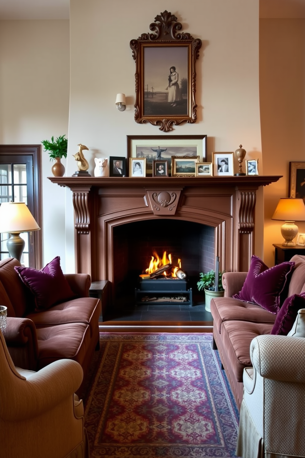 A traditional fireplace is the focal point of a cozy family room. The ornate mantle is adorned with vintage decor and family photos, creating a warm and inviting atmosphere. Plush sofas in rich fabrics are arranged around the fireplace, providing comfortable seating for gatherings. Soft, ambient lighting enhances the room's charm, while a patterned area rug adds texture underfoot.