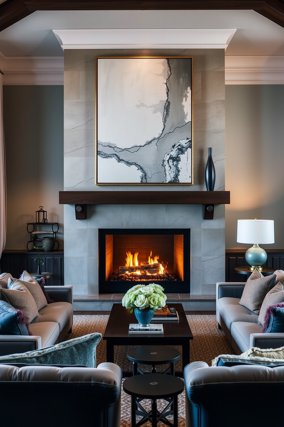 A cozy family room featuring a grand fireplace with statement artwork hung above it. The space is adorned with plush seating, warm lighting, and a mix of textures to create an inviting atmosphere.