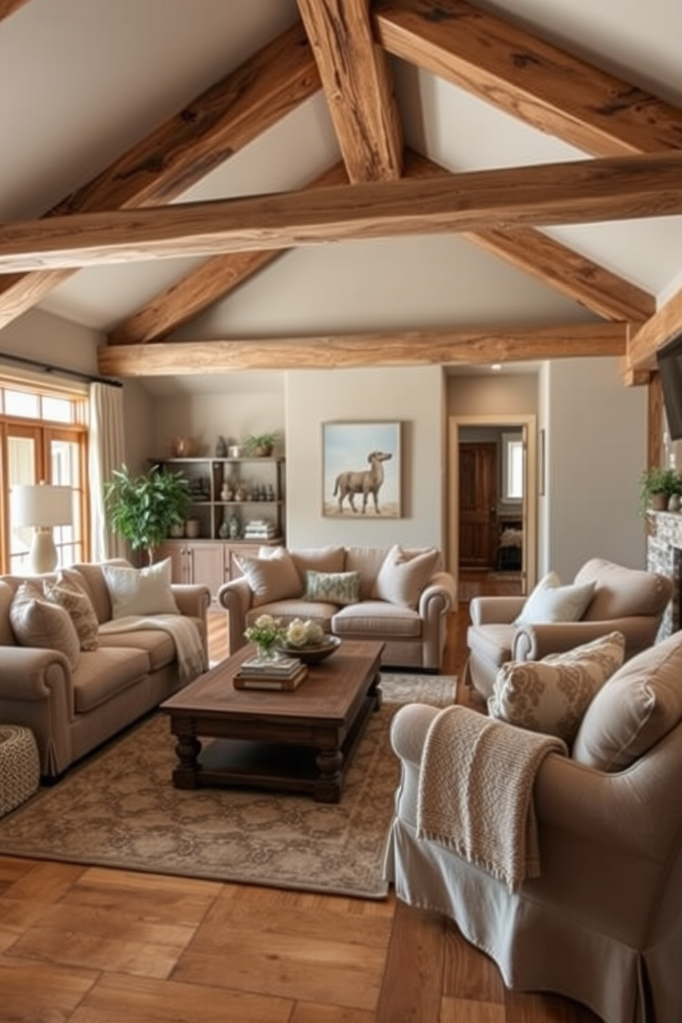 A cozy family room featuring rustic wooden beams that create a warm and inviting atmosphere. Soft textiles in neutral tones are used for the furniture, including a plush sofa and oversized armchairs, enhancing comfort and style. A large area rug with a subtle pattern anchors the seating arrangement, while a wooden coffee table adds a natural touch. Decorative pillows and throws in earthy colors complement the design, creating a harmonious and lived-in space.