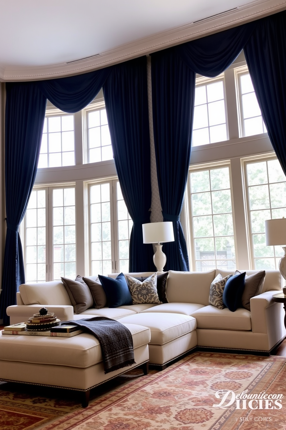 Luxurious curtains frame the tall windows of a spacious family room. The curtains are made of rich velvet in a deep navy color, cascading elegantly to the floor and enhancing the room's sophistication. The family room features a plush sectional sofa in a light cream hue, complemented by an assortment of decorative pillows in various textures. A large area rug with intricate patterns anchors the seating area, creating a warm and inviting atmosphere.