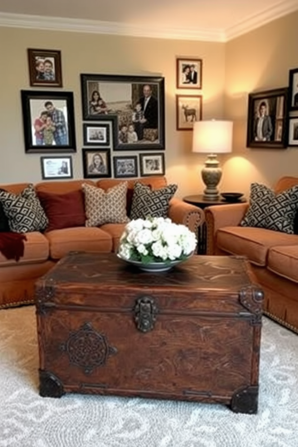 A vintage trunk serves as a unique coffee table in a cozy family room. Surrounding the trunk, plush seating in warm tones invites relaxation and conversation. The walls are adorned with family photos in eclectic frames, creating a personal touch. Soft lighting from a stylish floor lamp enhances the inviting atmosphere of the space.