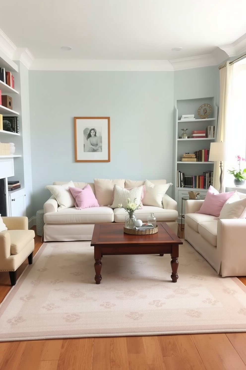 A cozy family room featuring soft pastel colors that create a calming atmosphere. The walls are painted in a gentle light blue, complemented by a plush cream sofa adorned with pastel throw pillows. A large area rug with subtle floral patterns anchors the seating area, while a wooden coffee table sits in the center. Shelves filled with books and decorative items line the walls, adding warmth and personality to the space.