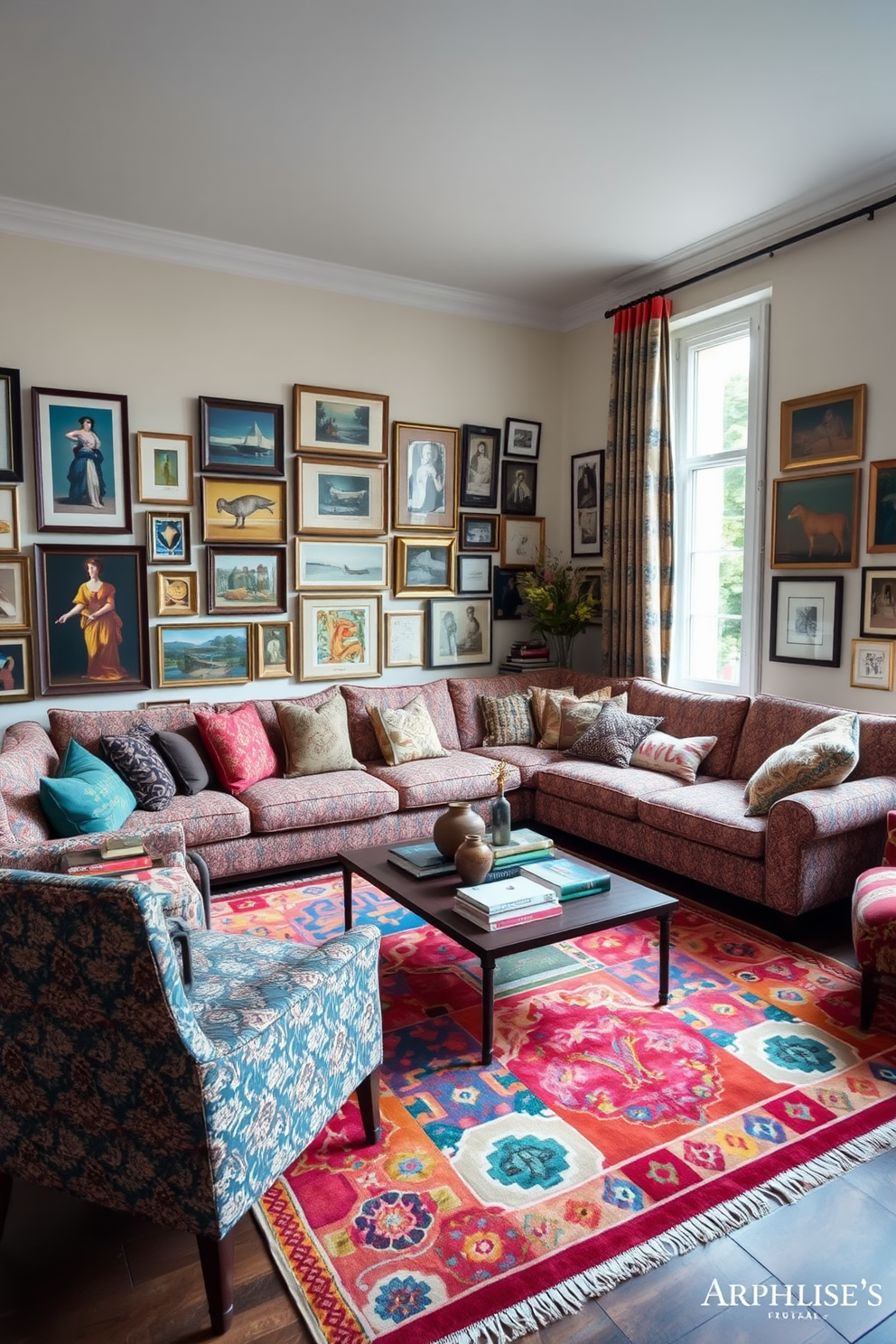 Eclectic mix of patterns and prints in a European family room featuring a large, comfortable sectional sofa adorned with colorful throw pillows. The walls are decorated with an array of framed artwork, showcasing various styles and textures, while a vintage area rug ties the space together with its vibrant colors. In one corner, a stylish coffee table displays a collection of books and decorative objects, surrounded by mismatched accent chairs that add character to the room. Natural light floods in through large windows, highlighting the playful combination of patterns on the curtains and cushions.