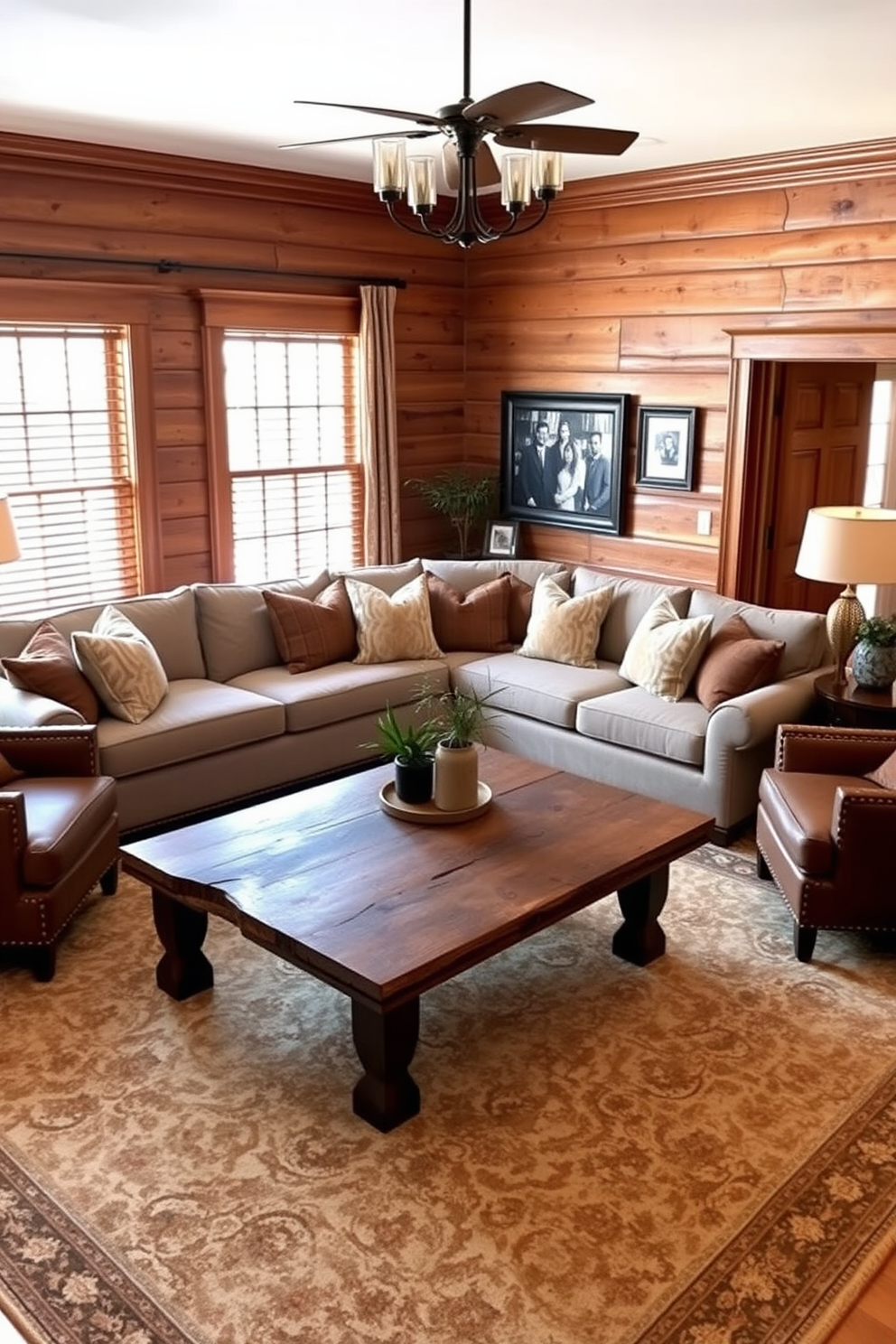 A cozy family room featuring warm wood tones and soft upholstery. The room includes a large sectional sofa in a neutral fabric, accented by plush throw pillows in earthy hues. A rustic coffee table made of reclaimed wood sits at the center, surrounded by a couple of stylish armchairs. The walls are adorned with family photos in elegant frames, and a large area rug adds warmth underfoot.