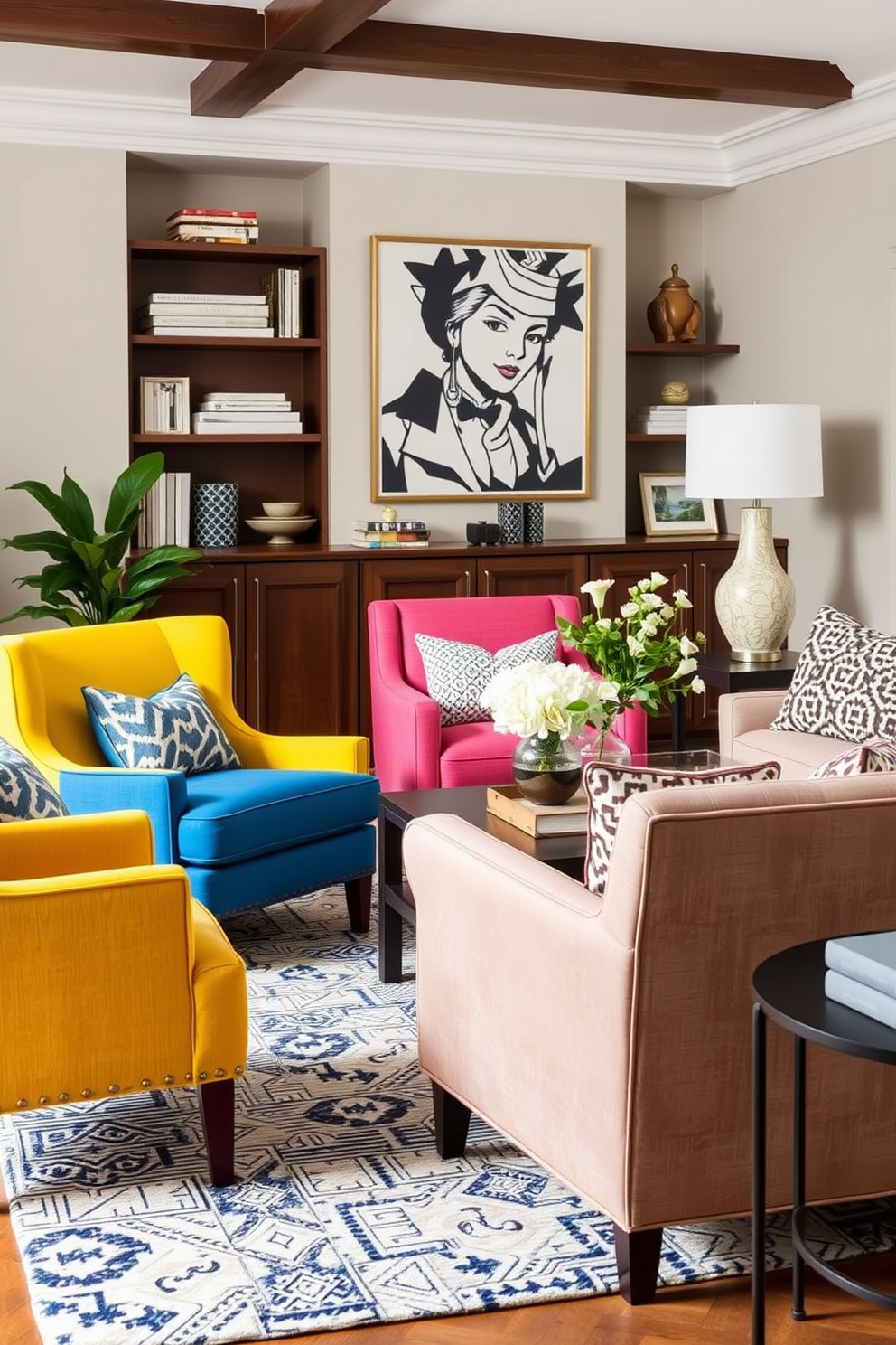 A stylish family room featuring accent chairs in bold colors that add a vibrant touch to the space. The room is designed with a cozy layout, showcasing a mix of textures and patterns for a warm and inviting atmosphere.