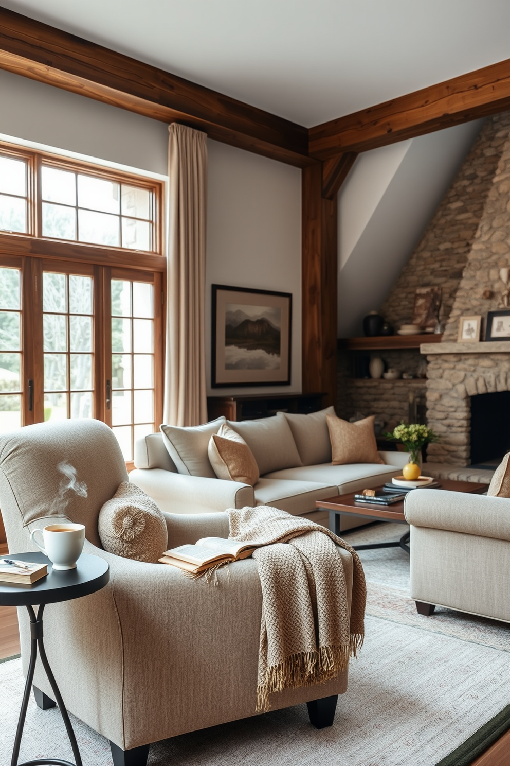 Cozy reading corner with a comfy armchair upholstered in soft fabric. A small side table holds a steaming cup of tea and a stack of books, while a warm throw blanket drapes over the chair. European family room design featuring a large sectional sofa in a neutral color. The space is accented with rustic wooden beams, a stone fireplace, and large windows allowing natural light to fill the room.