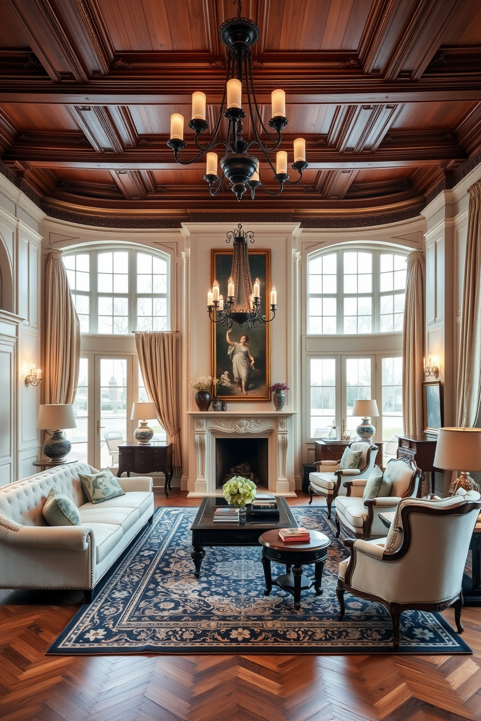 A timeless family room featuring classic European design elements. The space is adorned with elegant furniture, including a plush, tufted sofa and antique armchairs arranged around a grand fireplace. Rich wooden beams grace the ceiling, while intricate moldings add character to the walls. A large area rug anchors the seating area, complemented by soft, ambient lighting from ornate chandeliers. Large windows draped with luxurious fabrics allow natural light to flood the room, enhancing the warm color palette of creams and deep blues. Decorative accessories, such as vintage books and art pieces, create an inviting atmosphere that reflects a rich cultural heritage.