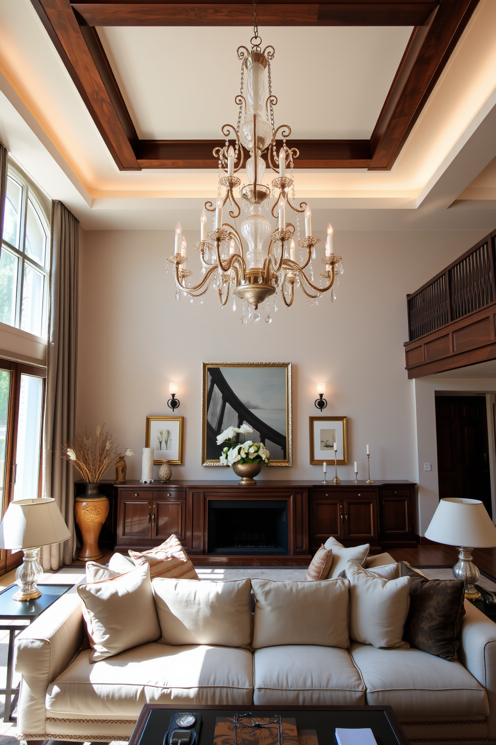 An elegant chandelier hangs gracefully above a central sofa, casting a warm glow over the room. The sofa is adorned with plush cushions, creating a cozy and inviting atmosphere in the family room. Rich wooden accents complement the soft color palette, enhancing the European charm of the space. Large windows allow natural light to flood in, highlighting the intricate details of the decor.