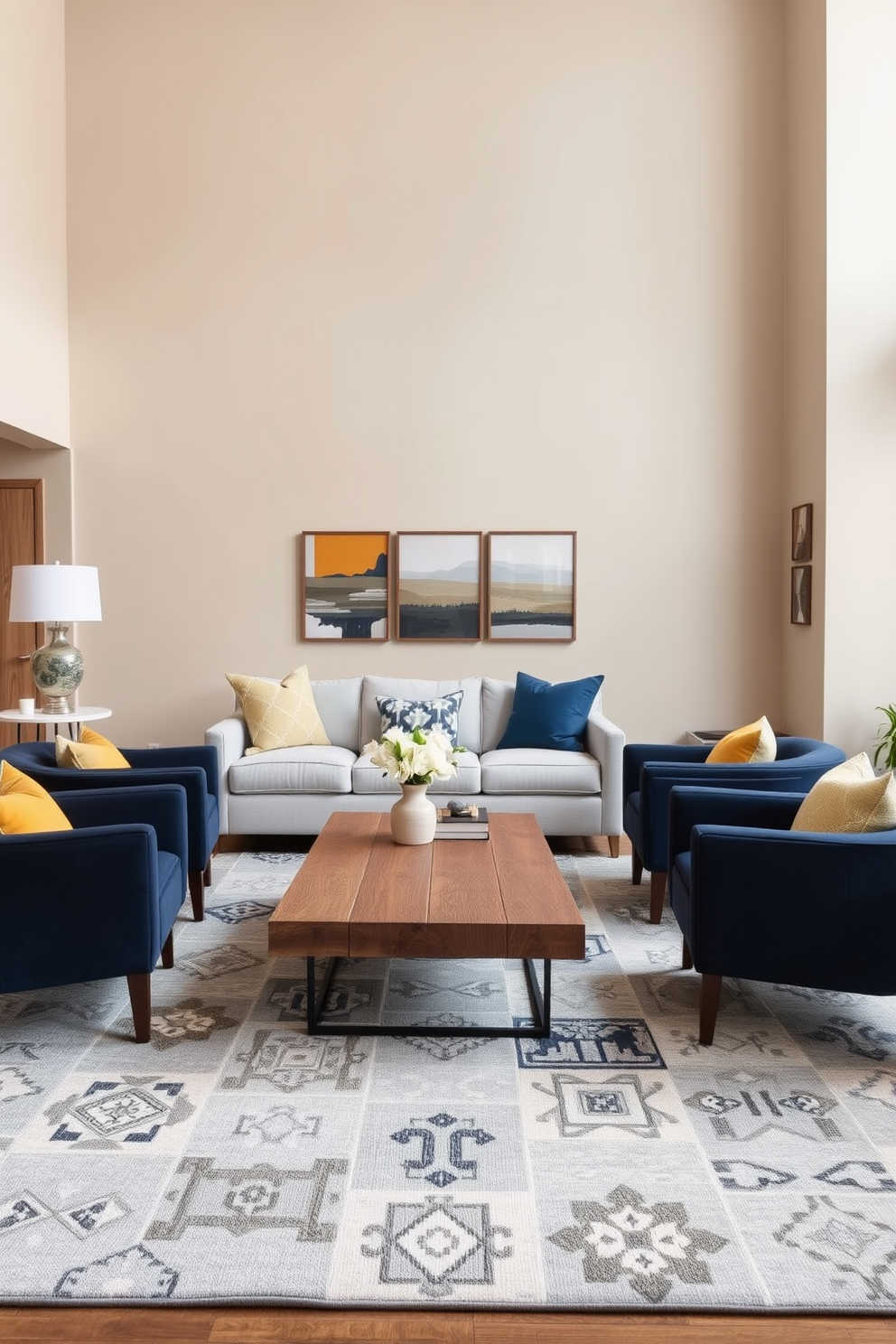 A spacious family room featuring a neutral color palette with soft beige walls and a light gray sofa. Bold accents are introduced through vibrant throw pillows in deep blue and mustard yellow, adding a pop of color to the serene setting. The room is anchored by a large area rug with a geometric pattern in shades of gray and ivory. A stylish coffee table made of reclaimed wood sits at the center, surrounded by contemporary armchairs in a rich navy fabric.