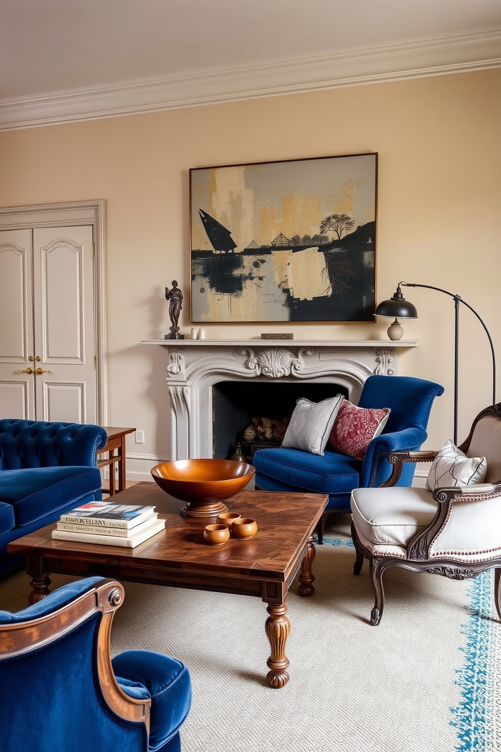 A cozy European family room featuring vintage furniture harmoniously blended with modern decor. A plush velvet sofa in deep blue is paired with a rustic wooden coffee table adorned with art books and a decorative bowl. On one side, an antique armchair with intricate carvings complements a sleek, contemporary floor lamp. The walls are painted in soft beige, while a large abstract painting adds a pop of color above the mantelpiece.