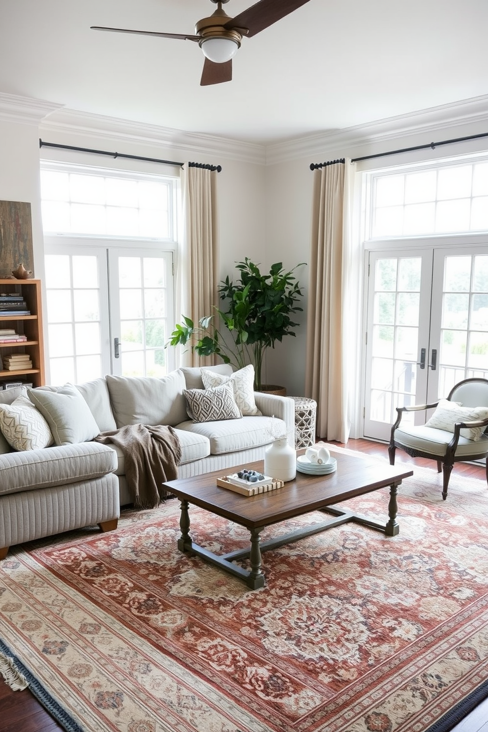 A cozy family room featuring layered rugs that add warmth and texture to the space. The room is designed with a mix of contemporary and classic furniture pieces, including a plush sectional sofa and a vintage coffee table. Soft, neutral tones dominate the color palette, creating a serene atmosphere. Large windows allow natural light to flood the room, highlighting the intricate patterns of the layered rugs.