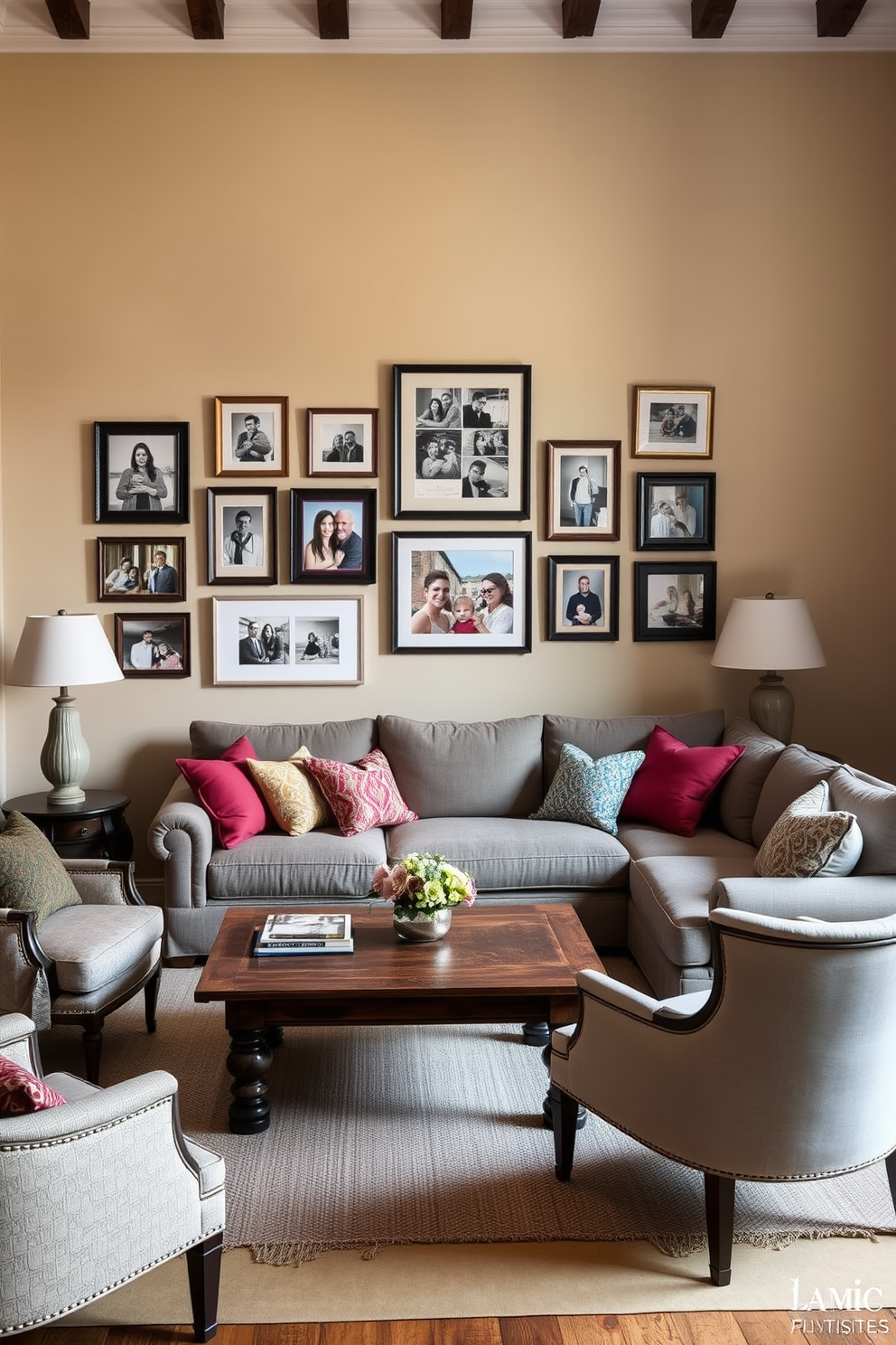 A gallery wall adorned with framed family photos creates a warm and inviting atmosphere. The wall is painted in a soft beige tone, complementing the cozy furnishings of the European family room. The family room features a plush sectional sofa in a muted gray fabric, accented with colorful throw pillows. A rustic wooden coffee table sits in the center, surrounded by elegant armchairs that invite conversation and relaxation.