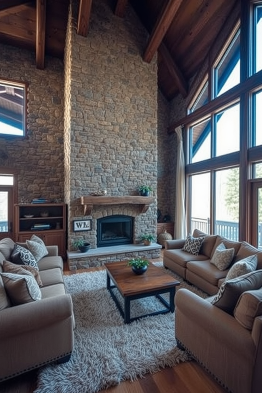 A cozy family room featuring natural materials like stone and wood. The focal point is a large stone fireplace with a wooden mantel, surrounded by comfortable seating in earthy tones. Large windows allow natural light to flood the space, highlighting the rich textures of the wooden beams and stone walls. A plush area rug anchors the seating area, while decorative pillows add warmth and color.