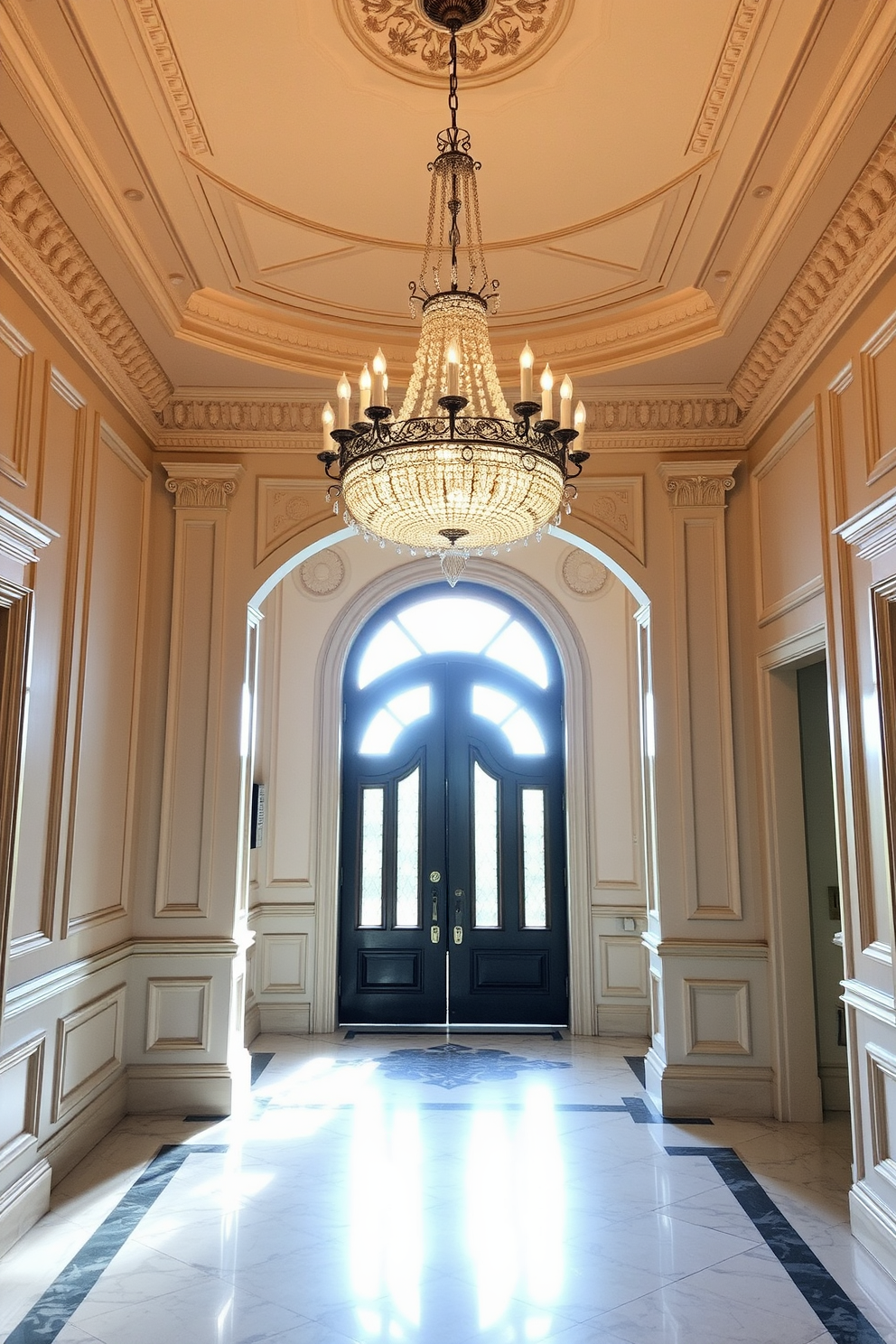 An elegant foyer features a stunning chandelier that hangs gracefully above the entrance, casting a warm glow throughout the space. The walls are adorned with intricate moldings, and the floor is covered with polished marble tiles that reflect the chandelier's light.