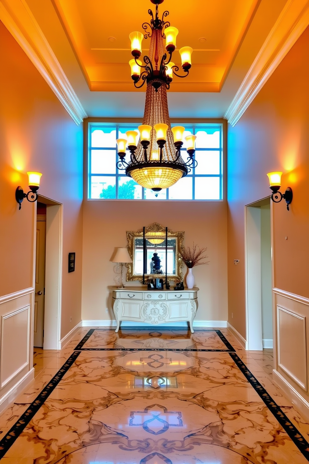 Warm lighting fixtures create an inviting ambiance in the foyer. A grand chandelier hangs from the ceiling, complemented by wall sconces that softly illuminate the space. The foyer features elegant flooring made of polished marble with intricate patterns. A large console table adorned with decorative items and a mirror reflects the warm glow of the lighting.