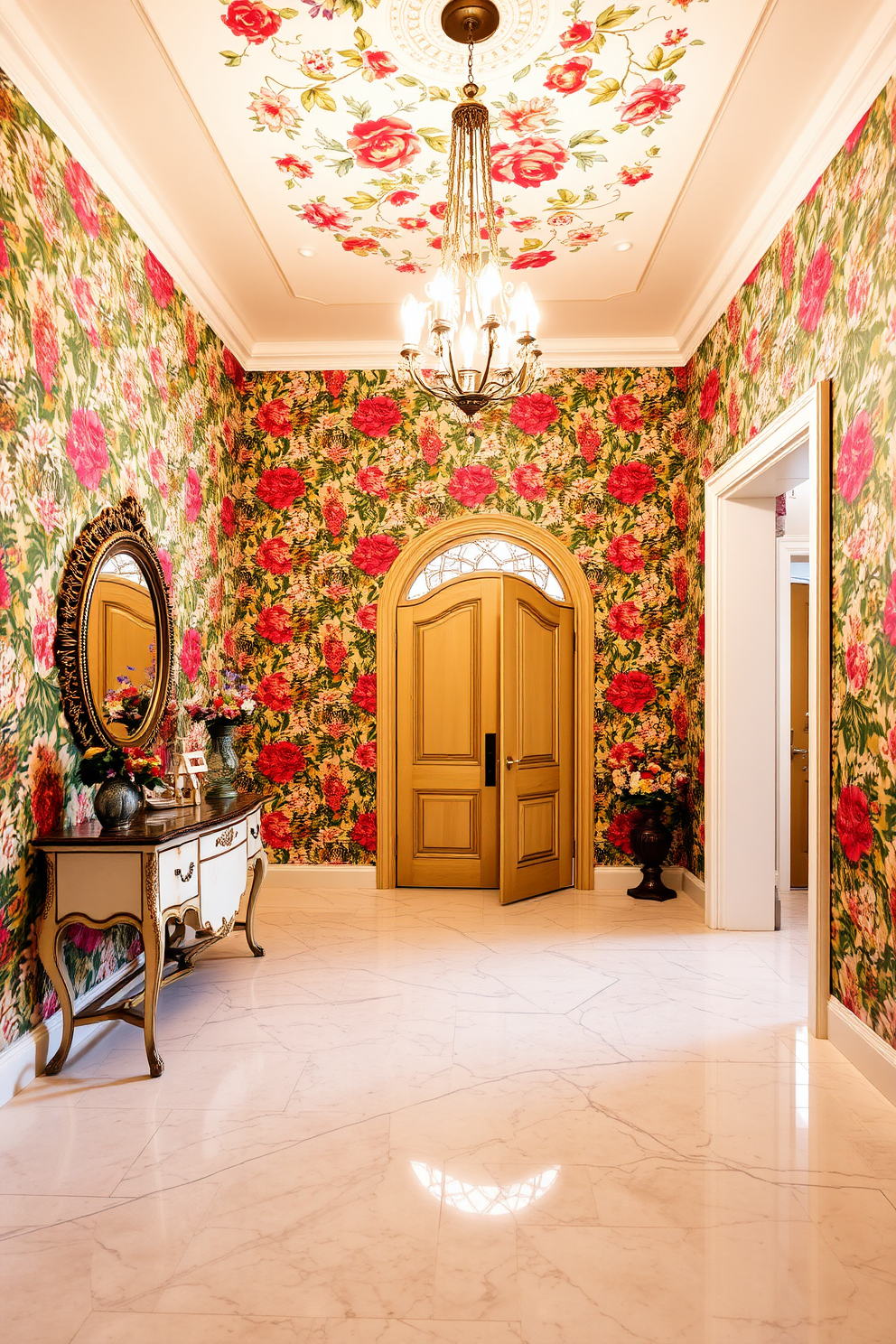 A grand foyer adorned with bold floral wallpaper that creates a vibrant and inviting atmosphere. The space features an elegant chandelier hanging from a high ceiling, illuminating a polished marble floor that complements the intricate patterns of the wallpaper. To the left, a vintage console table showcases decorative items and fresh flowers, enhancing the overall charm of the entrance. A large round mirror with an ornate frame reflects the beauty of the foyer, making it feel even more spacious and welcoming.