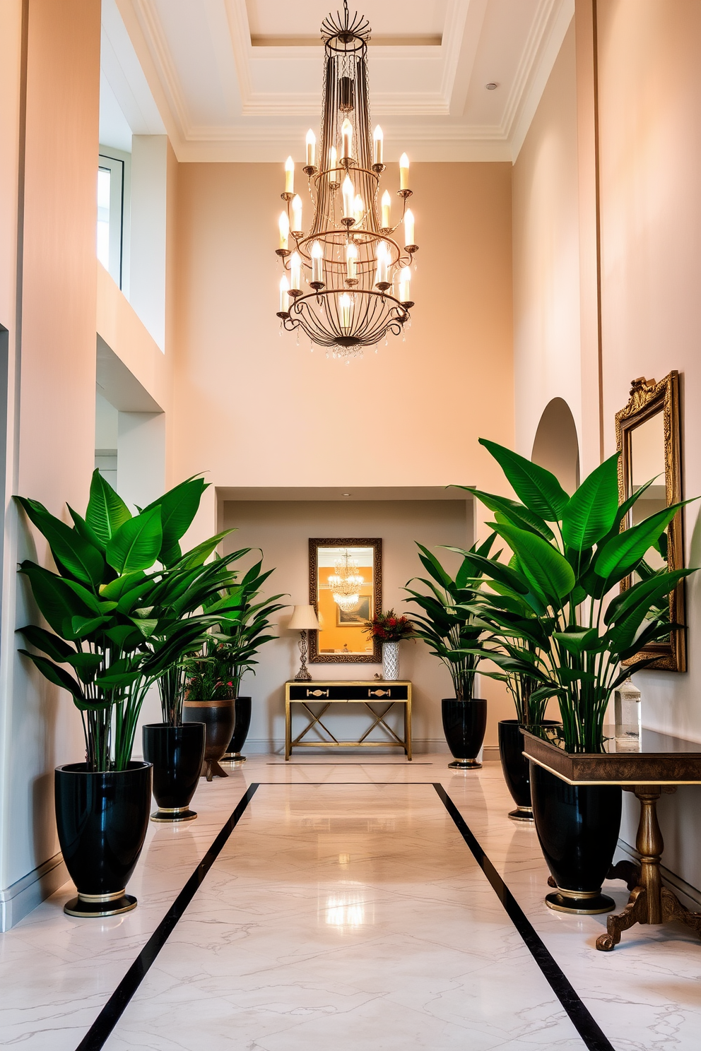 A grand foyer adorned with large potted plants that bring a touch of natural greenery to the space. The walls are painted in soft neutral tones, and a stunning chandelier hangs from the ceiling, casting a warm glow over the area. Elegant marble flooring complements the design, while a stylish console table is placed against one wall. Decorative mirrors and artwork enhance the ambiance, creating a welcoming atmosphere for guests.