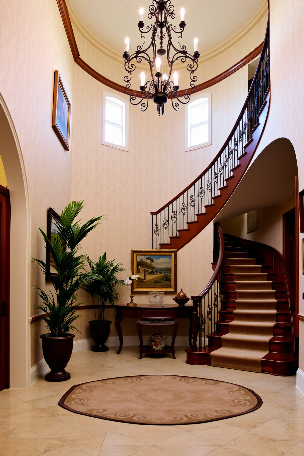 A grand foyer features a stunning curved staircase as the focal point, elegantly crafted from rich mahogany with intricate wrought iron balusters. The walls are adorned with soft cream wallpaper, and a large chandelier hangs from the ceiling, casting a warm glow over the space. Flanking the staircase are tall potted plants that add a touch of greenery, while a plush area rug lies beneath a decorative console table. The overall ambiance is inviting and sophisticated, with carefully selected artwork displayed on the walls to enhance the European charm.