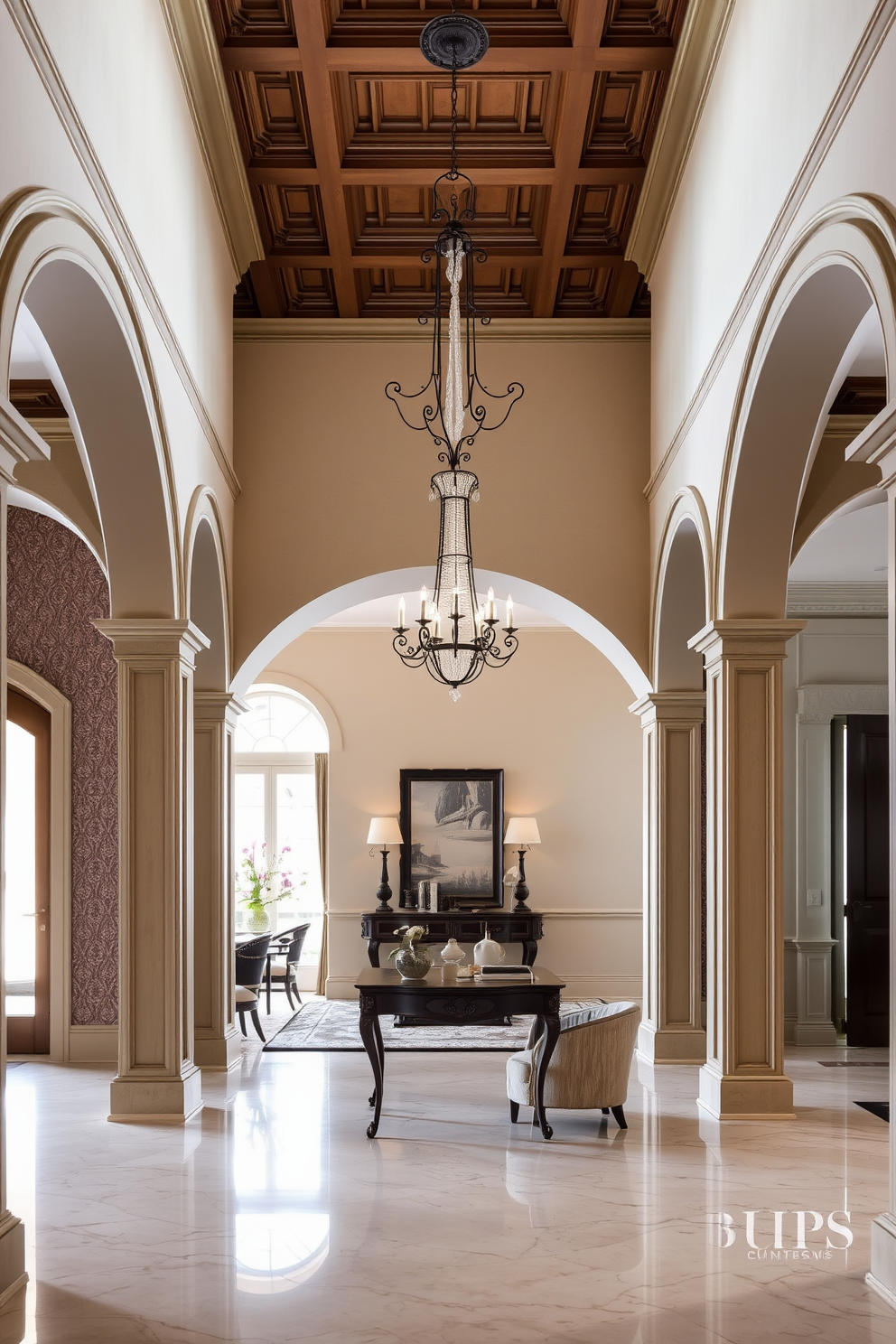 Elegant archways gracefully frame the entryway, creating a seamless transition between the foyer and adjacent living spaces. The arches are adorned with intricate moldings that enhance the European aesthetic, inviting warmth and sophistication. The foyer features a stunning chandelier that hangs from a coffered ceiling, casting a soft glow over the polished marble floor. Richly textured wallpaper in muted tones complements the elegant furnishings, while a grand console table displays curated art pieces and decorative accents.