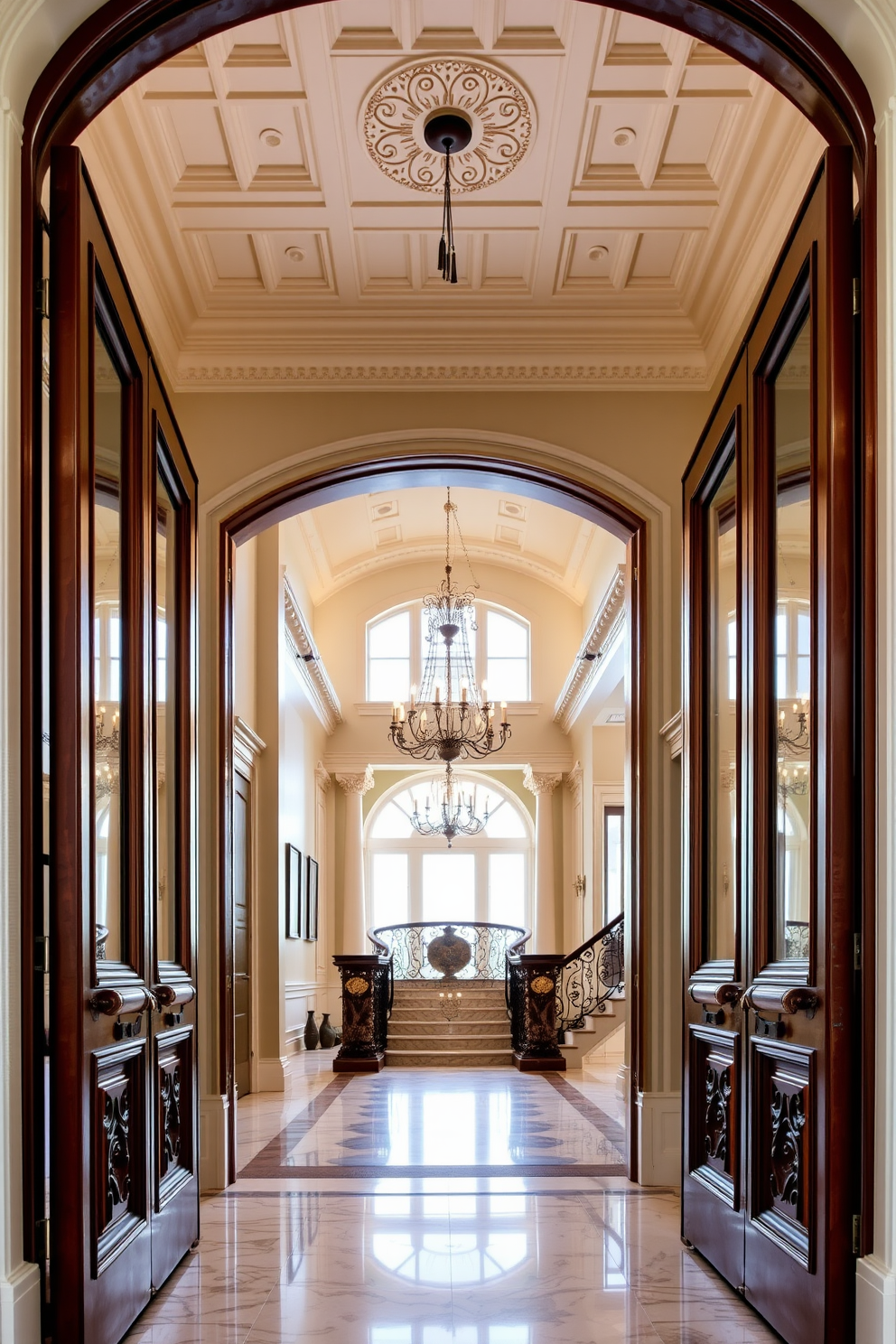 Beautifully crafted double doors open into an expansive European foyer that exudes elegance and grandeur. The doors are adorned with intricate carvings and finished in a rich mahogany, setting the tone for a luxurious entryway. The foyer features a stunning chandelier that hangs from a coffered ceiling, casting a warm glow over the marbled floor. Elegant columns flank the entrance, and a grand staircase with ornate railings leads to the upper level, enhancing the sense of sophistication.