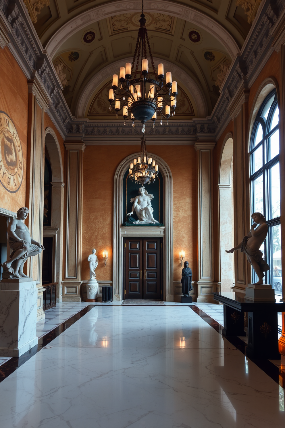 A grand European foyer featuring intricate architectural details. The space is adorned with artistic sculptures that enhance the decor, creating a sophisticated and inviting atmosphere. Elegant marble flooring stretches across the area, complemented by a stunning chandelier overhead. Richly textured walls in warm tones provide a perfect backdrop for the carefully curated sculptures that draw the eye and elevate the design.