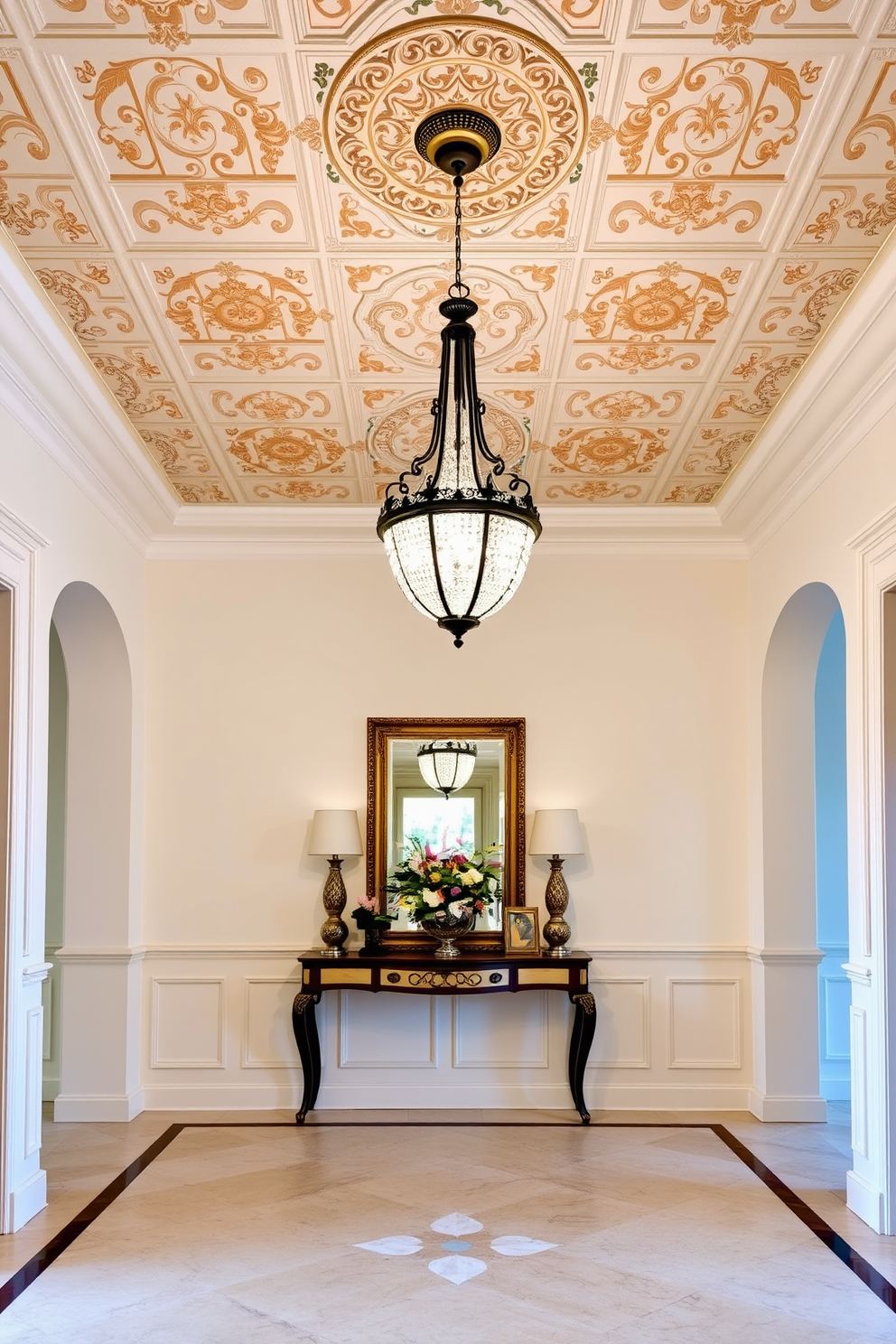 A grand foyer featuring decorative ceiling tiles that add a touch of elegance and sophistication. The space is adorned with a stunning chandelier that hangs from the intricate tile design, casting a warm glow throughout the room. The walls are painted in a soft neutral tone, accented by classic wainscoting that enhances the European aesthetic. A beautiful console table sits against one wall, topped with a tasteful arrangement of fresh flowers and decorative objects.