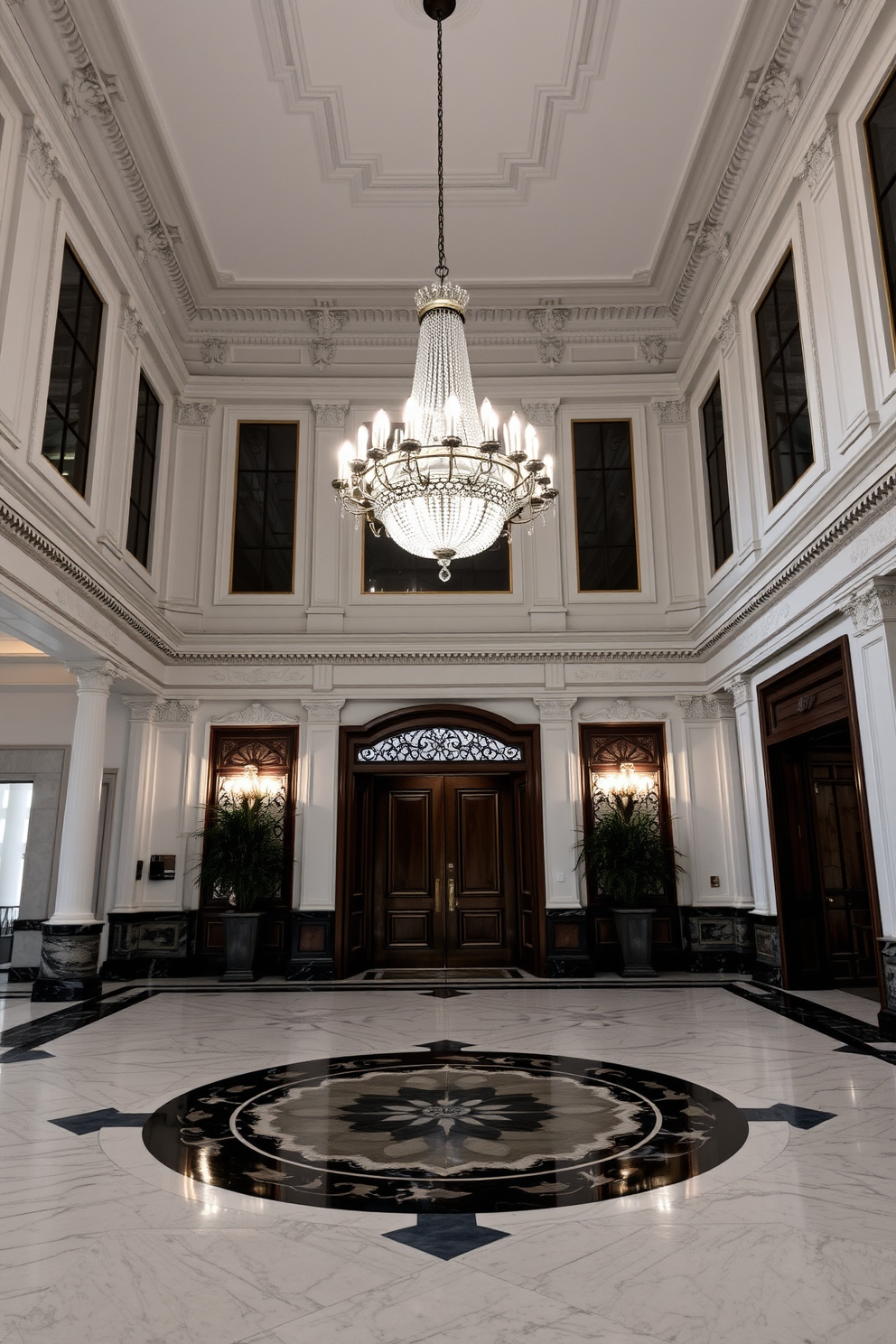 A grand foyer featuring classic marble flooring adorned with intricate patterns. The space is illuminated by a stunning chandelier that hangs from a high ceiling, creating an elegant atmosphere.