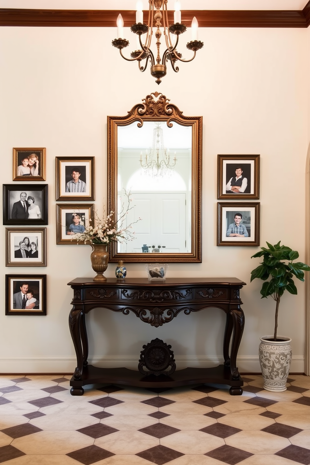 A welcoming European foyer adorned with framed family photos that add a personal touch to the space. The foyer features an elegant console table with intricate carvings, a large mirror above it, and a beautiful chandelier hanging from the ceiling.