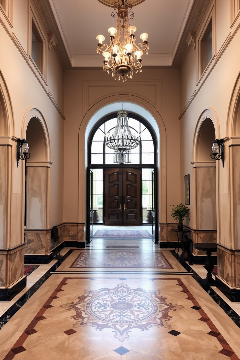 A grand European foyer featuring intricate tile work near the entrance that showcases a beautiful mosaic pattern in muted earth tones. The space is illuminated by an elegant chandelier hanging from a high ceiling, with classic architectural details framing the entrance.