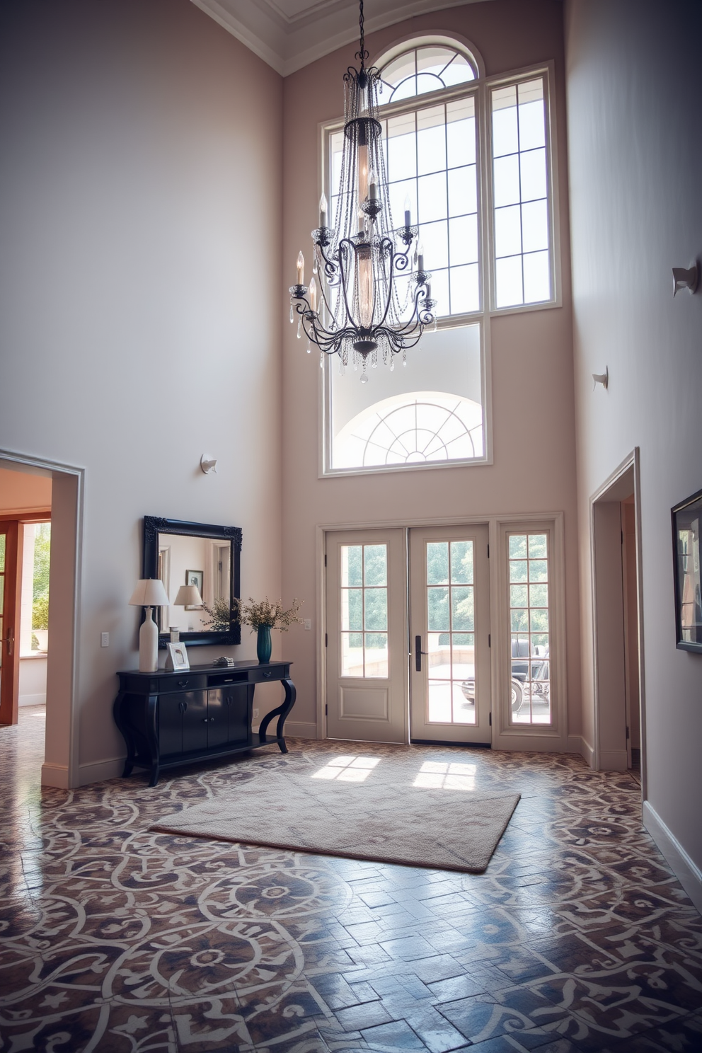 An elegant European foyer featuring high ceilings and large windows that allow natural light to flood the space. The floor is adorned with intricate mosaic tiles, while a grand chandelier hangs from the ceiling, creating a focal point. A stylish console table made of dark wood sits against one wall, topped with decorative items and a large mirror above it. Soft, neutral colors on the walls create a warm and inviting atmosphere, complemented by a plush area rug in the center of the foyer.