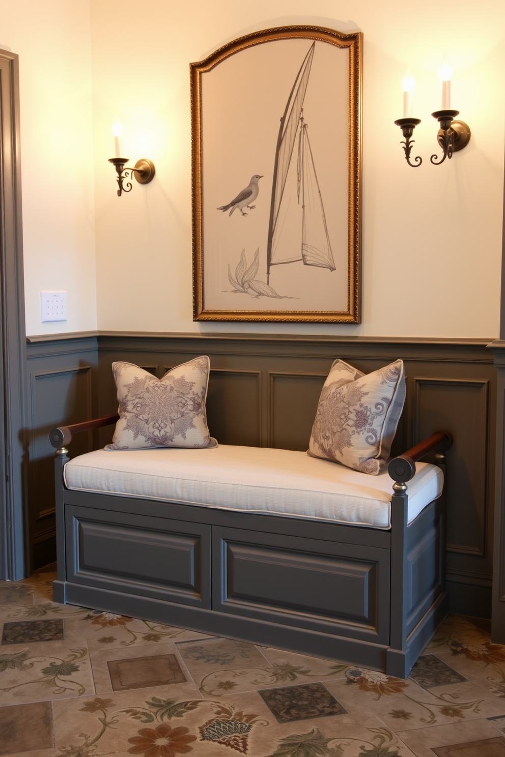 A functional bench with storage underneath is placed against the wall in a European foyer. The bench is upholstered in a soft fabric, complemented by decorative pillows, and the space features elegant wall sconces that provide warm lighting.